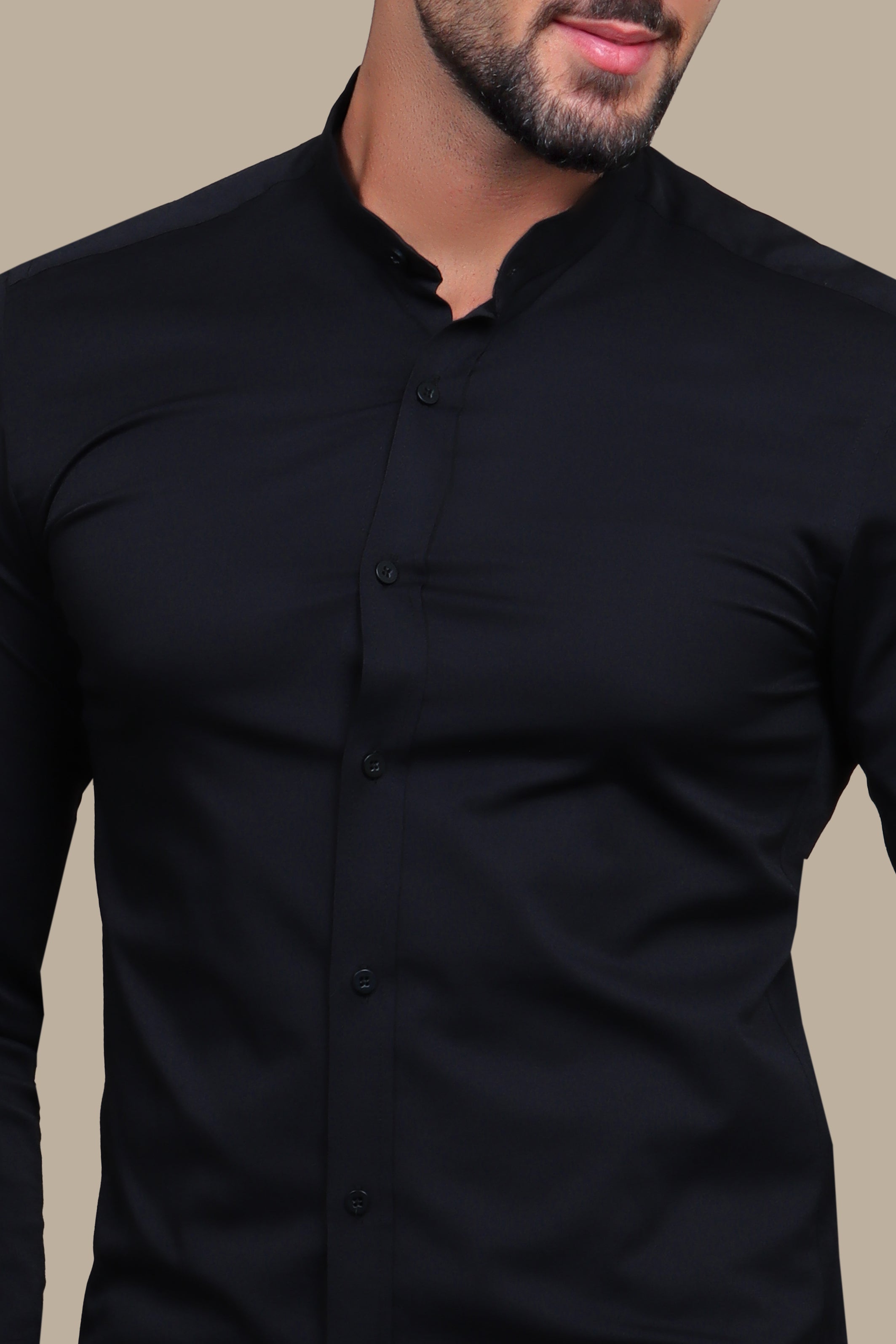 Urban Chic: Black Lycra Mao Collar Casual Shirt