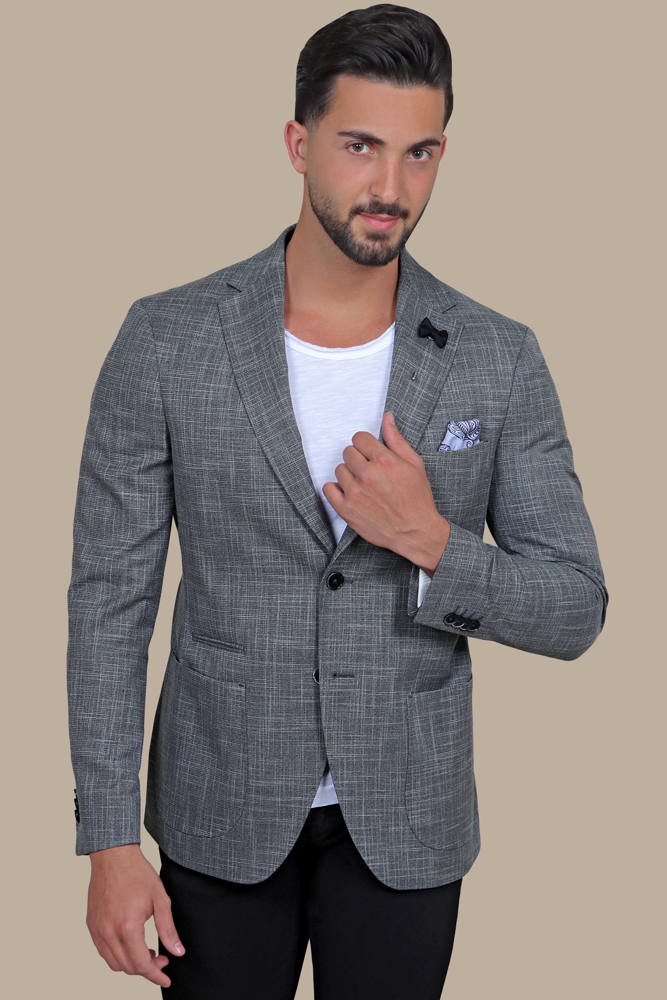 Dark Grey Slim Fit Blazer with Up & Down Notch Patch