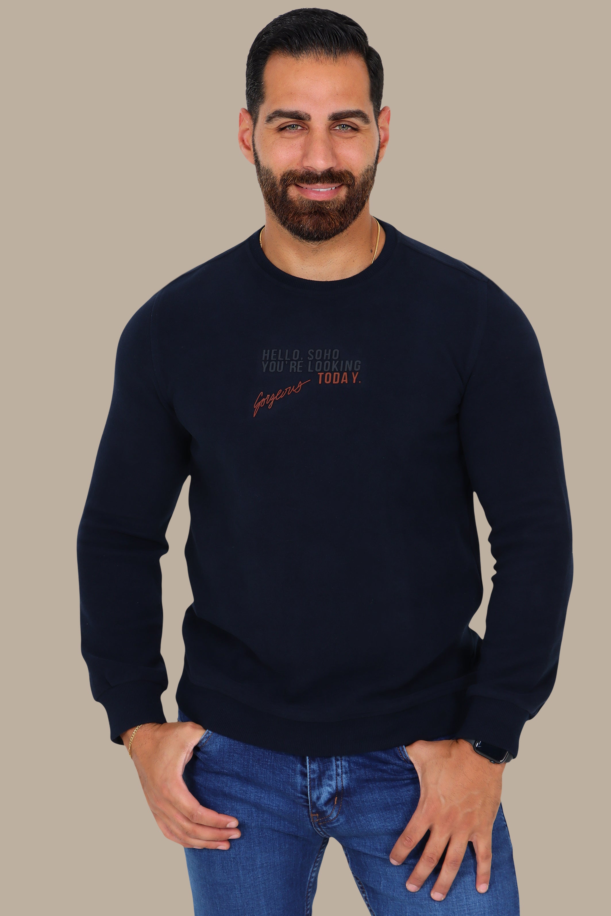 Urban Vibes: Navy Round Neck Sweatshirt with SOHO Print
