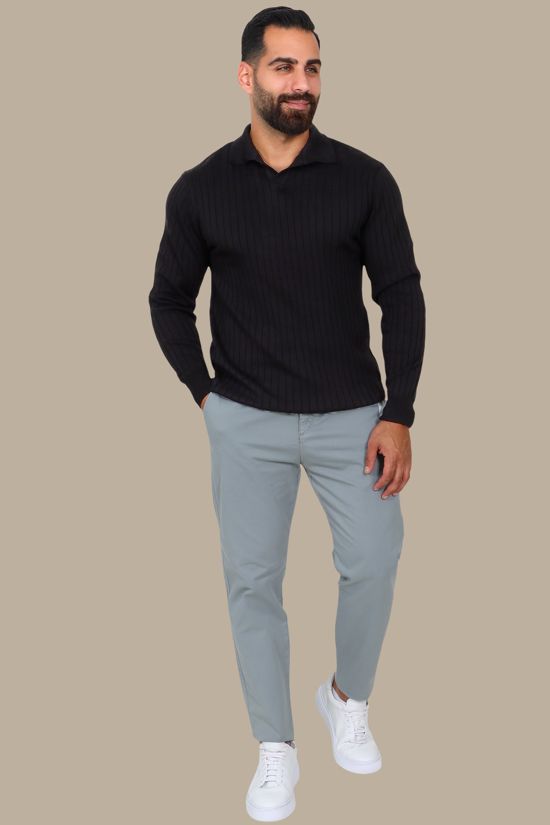Basic Long-Sleeve Polo with Vertical Lines Black