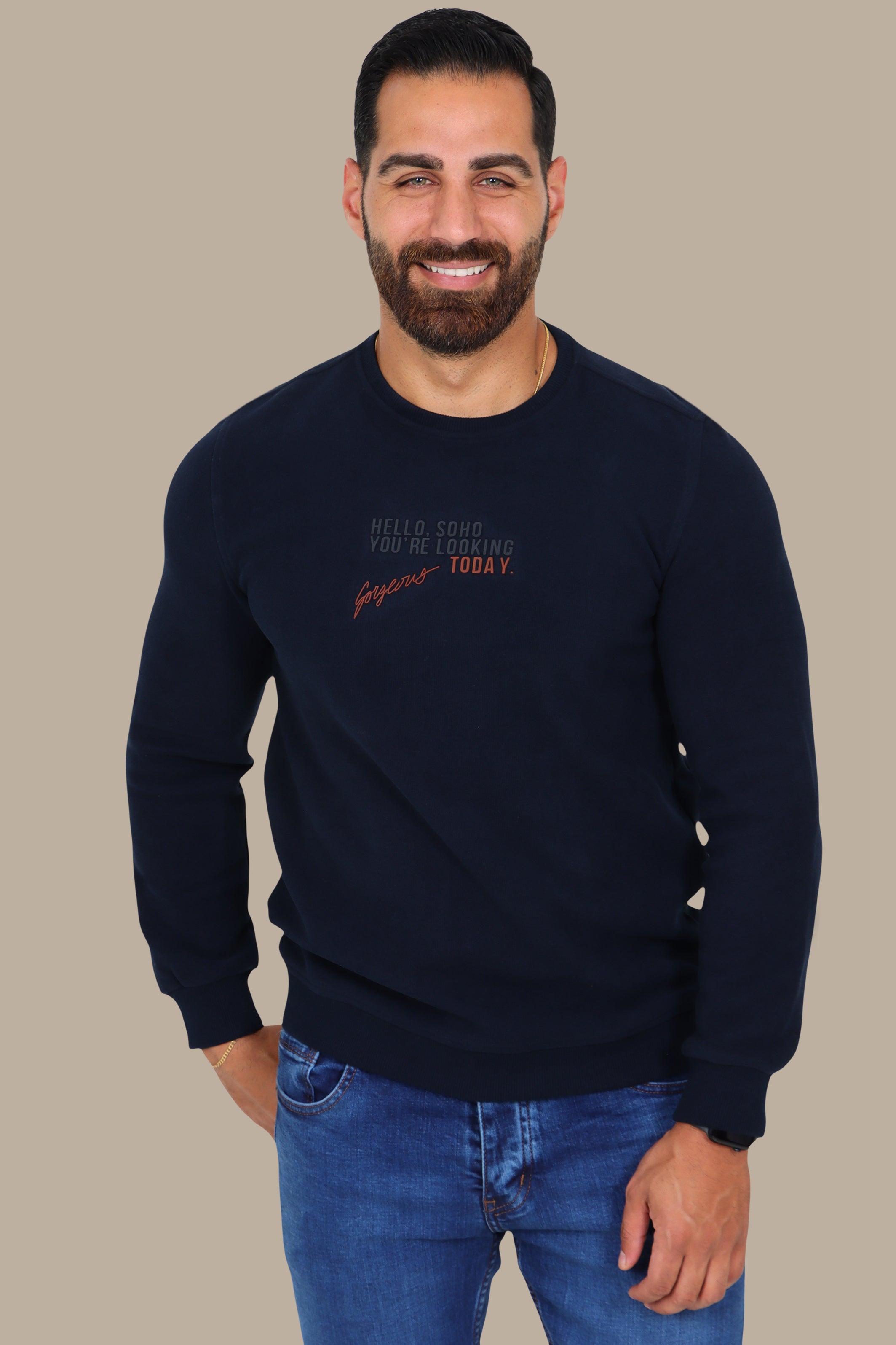 Urban Vibes: Navy Round Neck Sweatshirt with SOHO Print