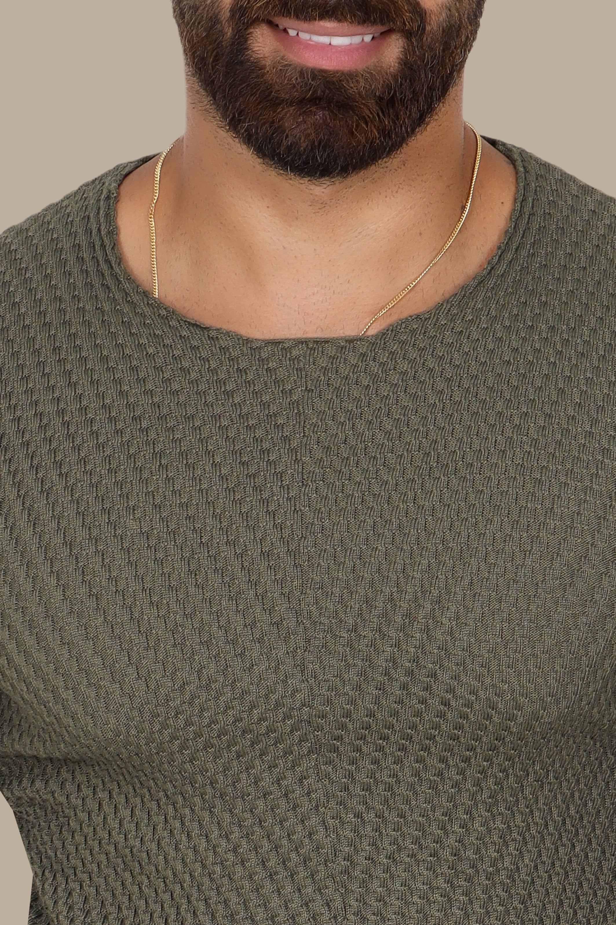 Khaki Structured Sweater with Ribbed Shoulders