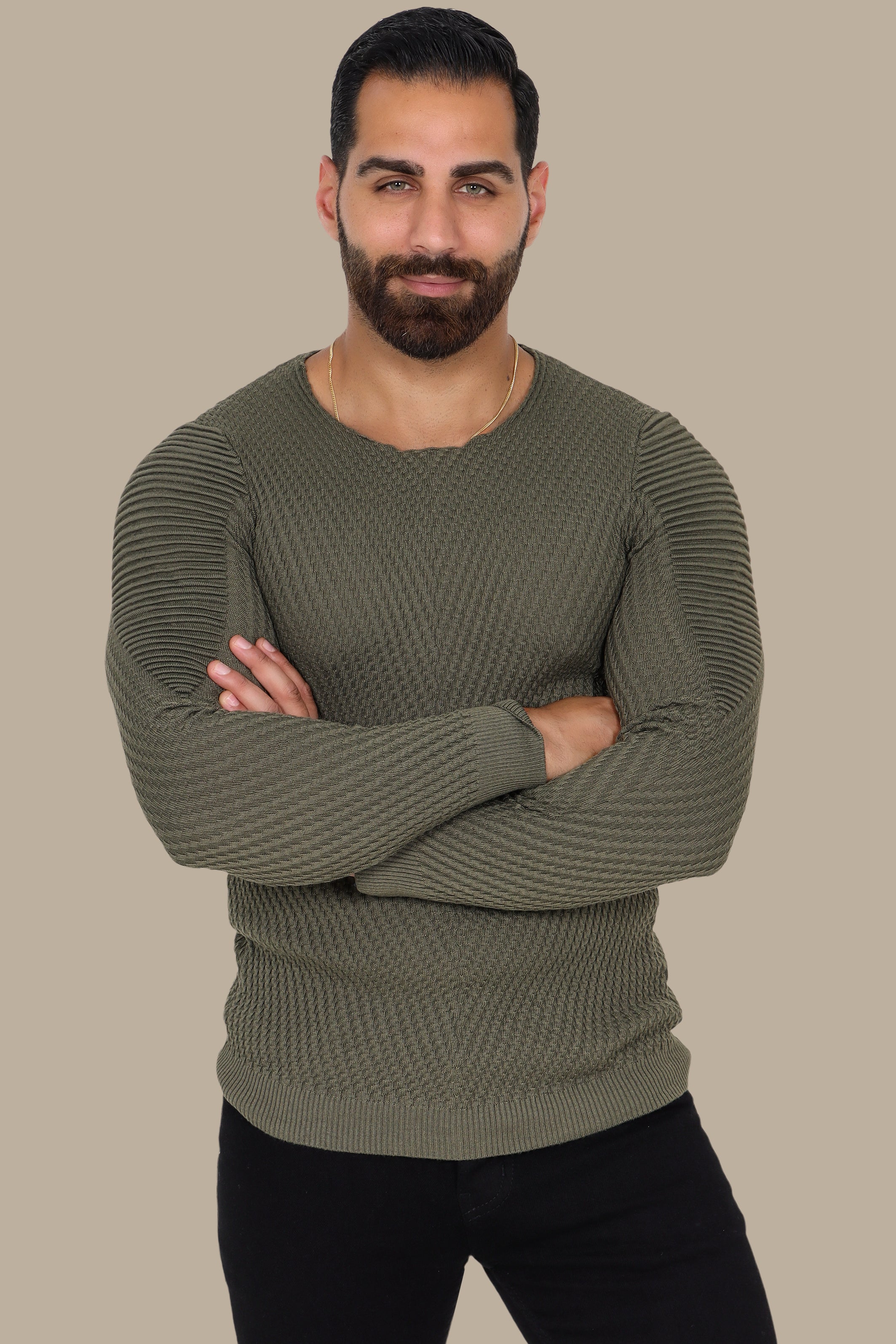 Khaki Structured Sweater with Ribbed Shoulders