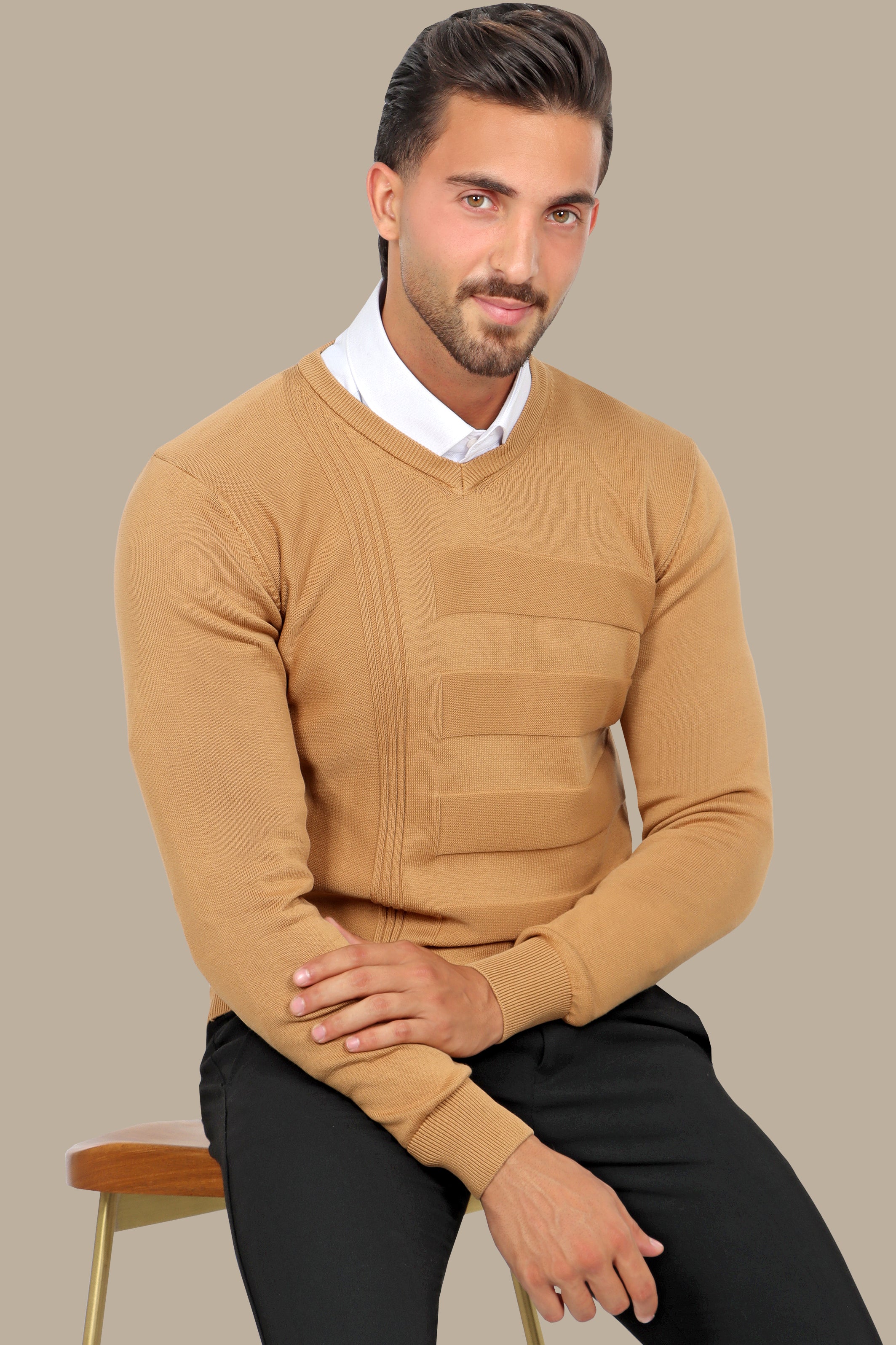 Camel Comfort: V-Neck Sweater Elegance