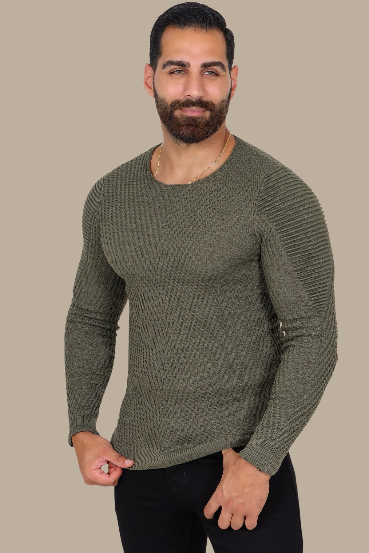Khaki Structured Sweater with Ribbed Shoulders