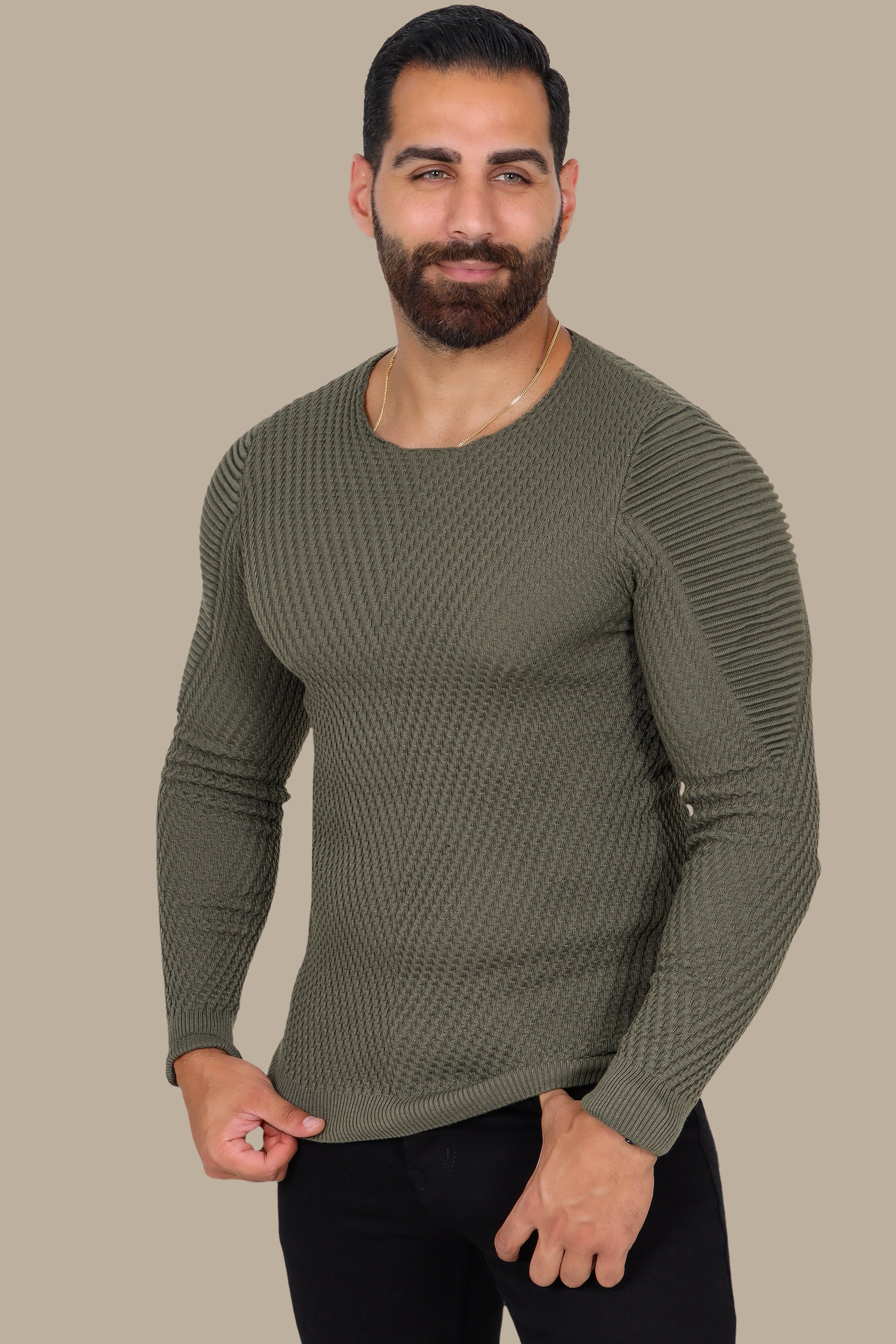 Khaki Structured Sweater with Ribbed Shoulders