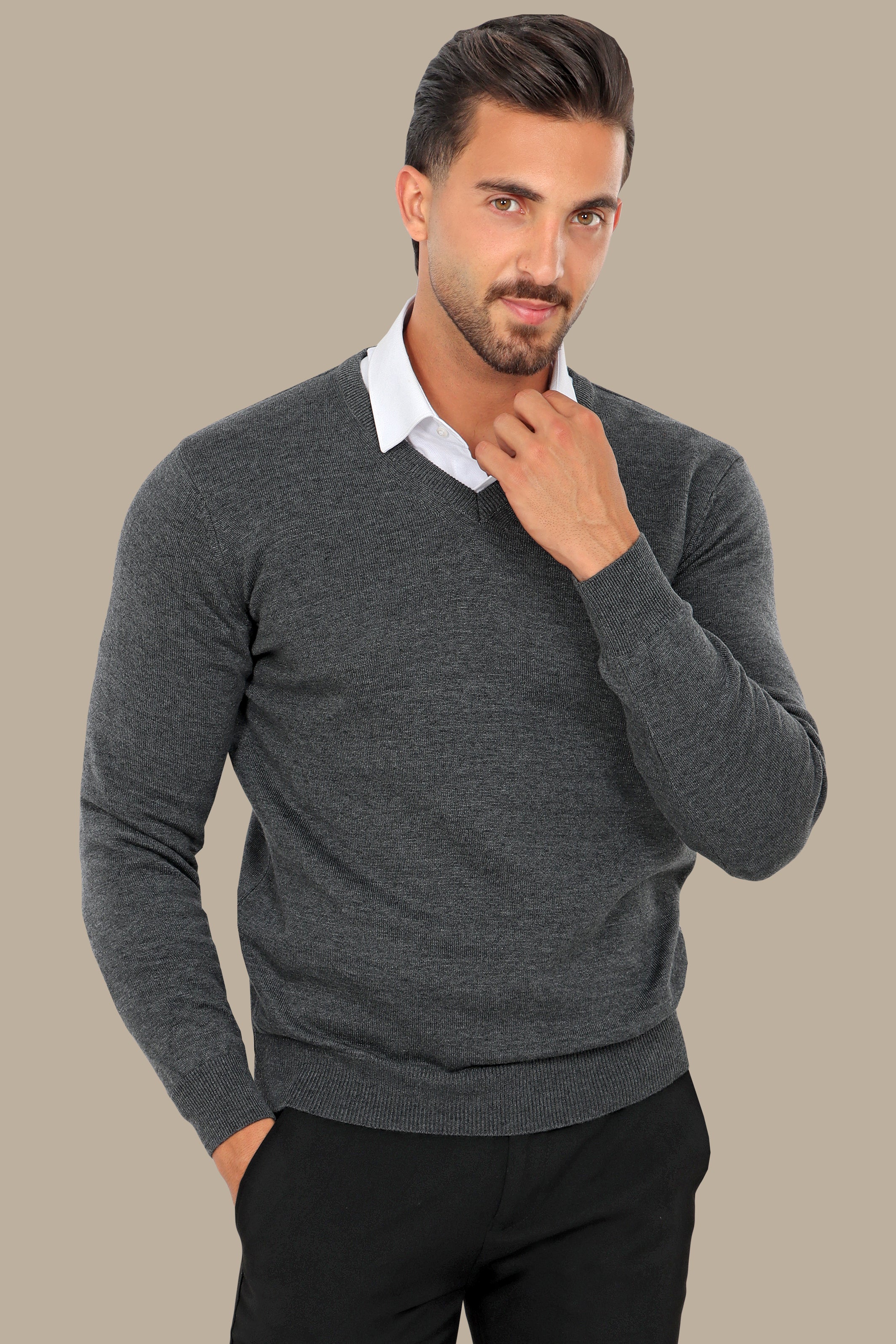 Dark Grey V-Neck Basic Sweater