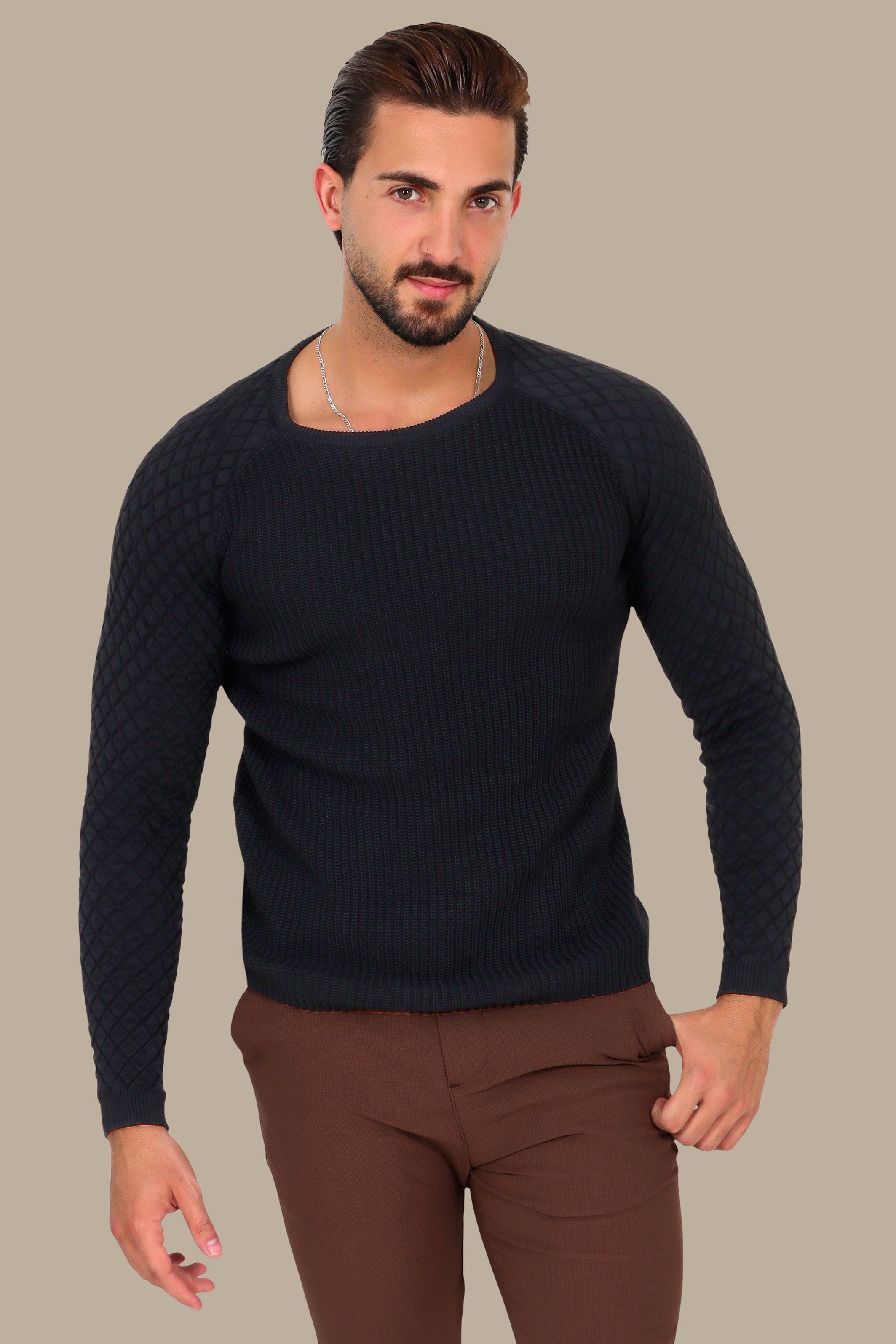 Black Mercerized Sweater with Lozenge Shoulder Pattern