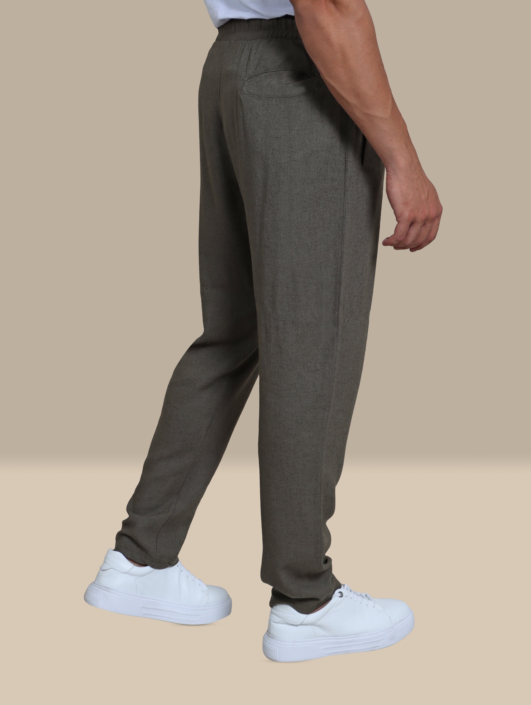 Khaki Linen Elastic Waist Pants