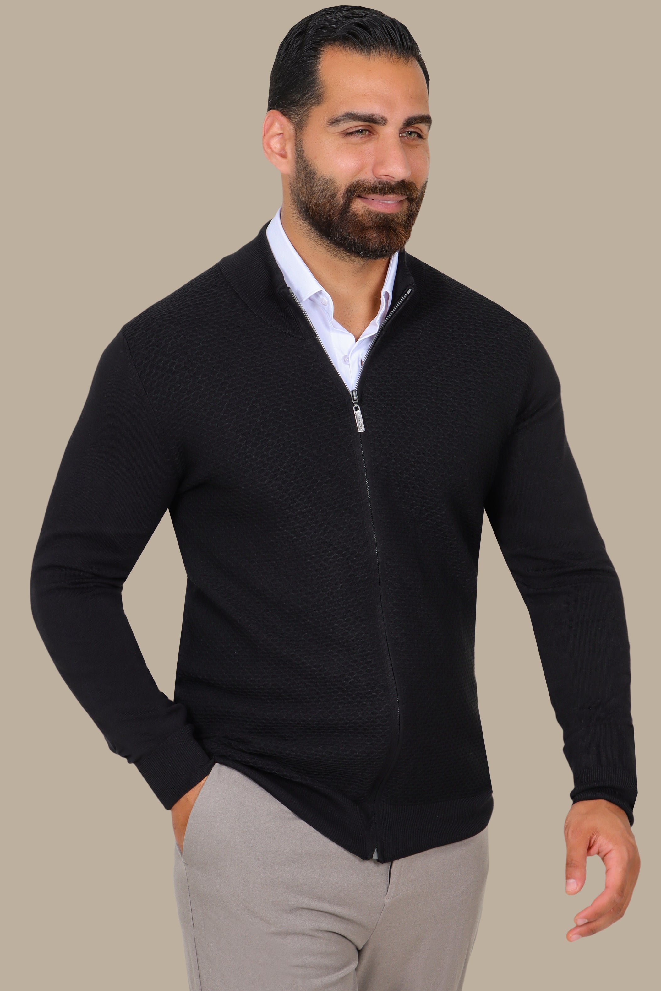Black Full-Zip Cardigan with Honey Print