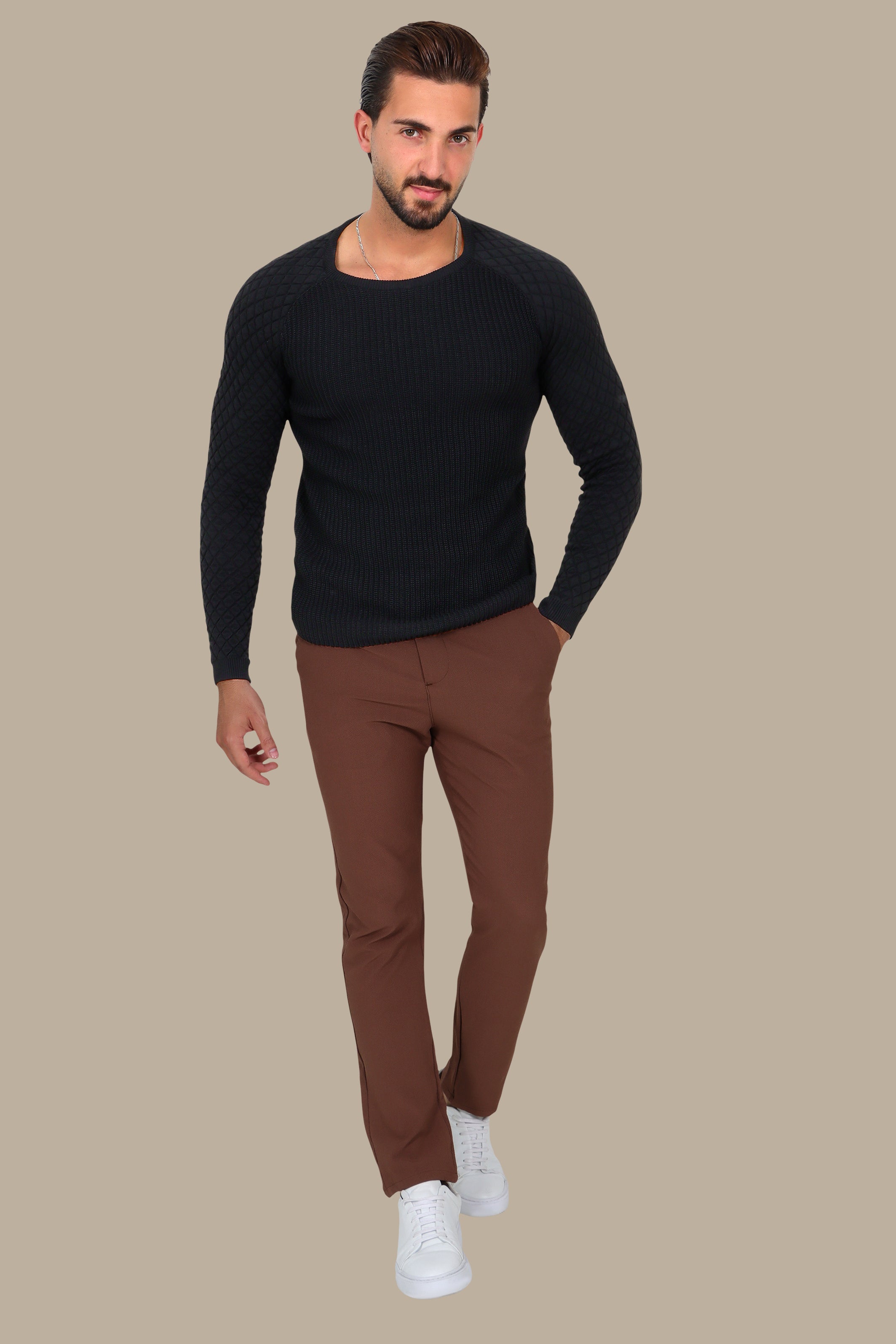 Black Mercerized Sweater with Lozenge Shoulder Pattern