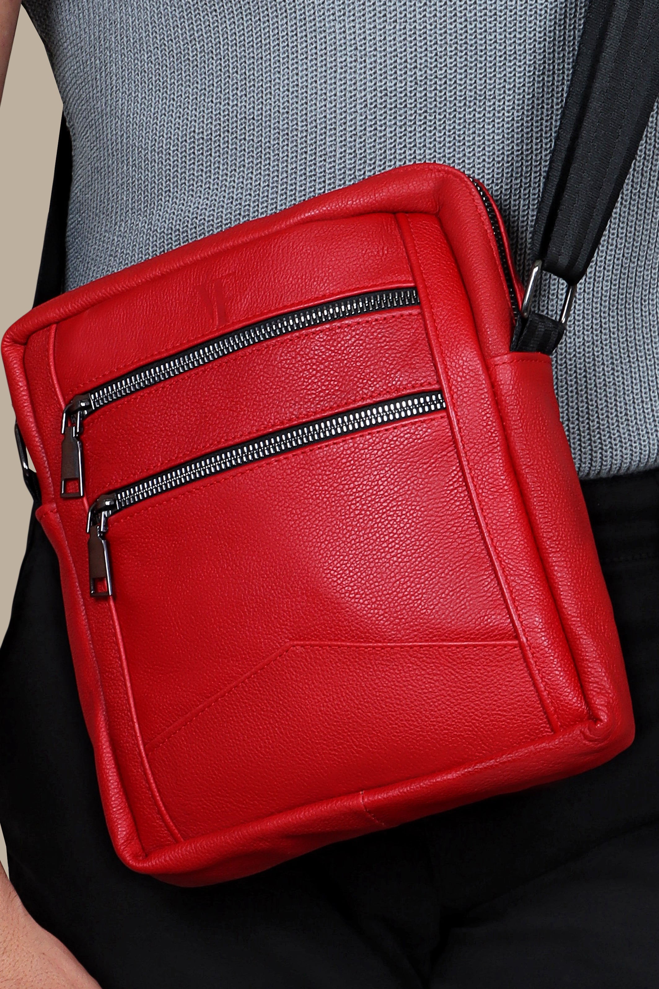 Red Elegance: Stylish Cross Bag with Back Zippers and Belt Accent