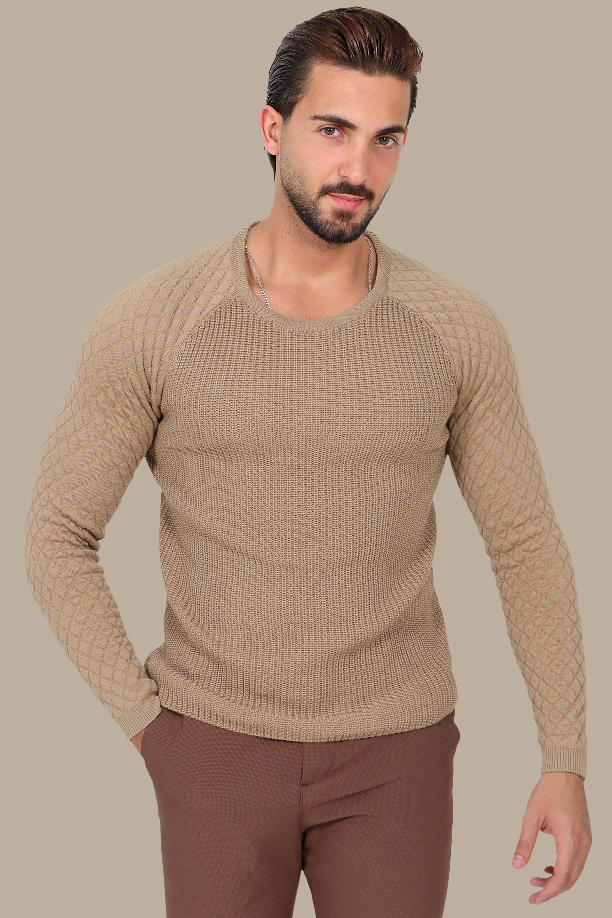 Beige Mercerized Sweater with Lozenge Shoulder Pattern