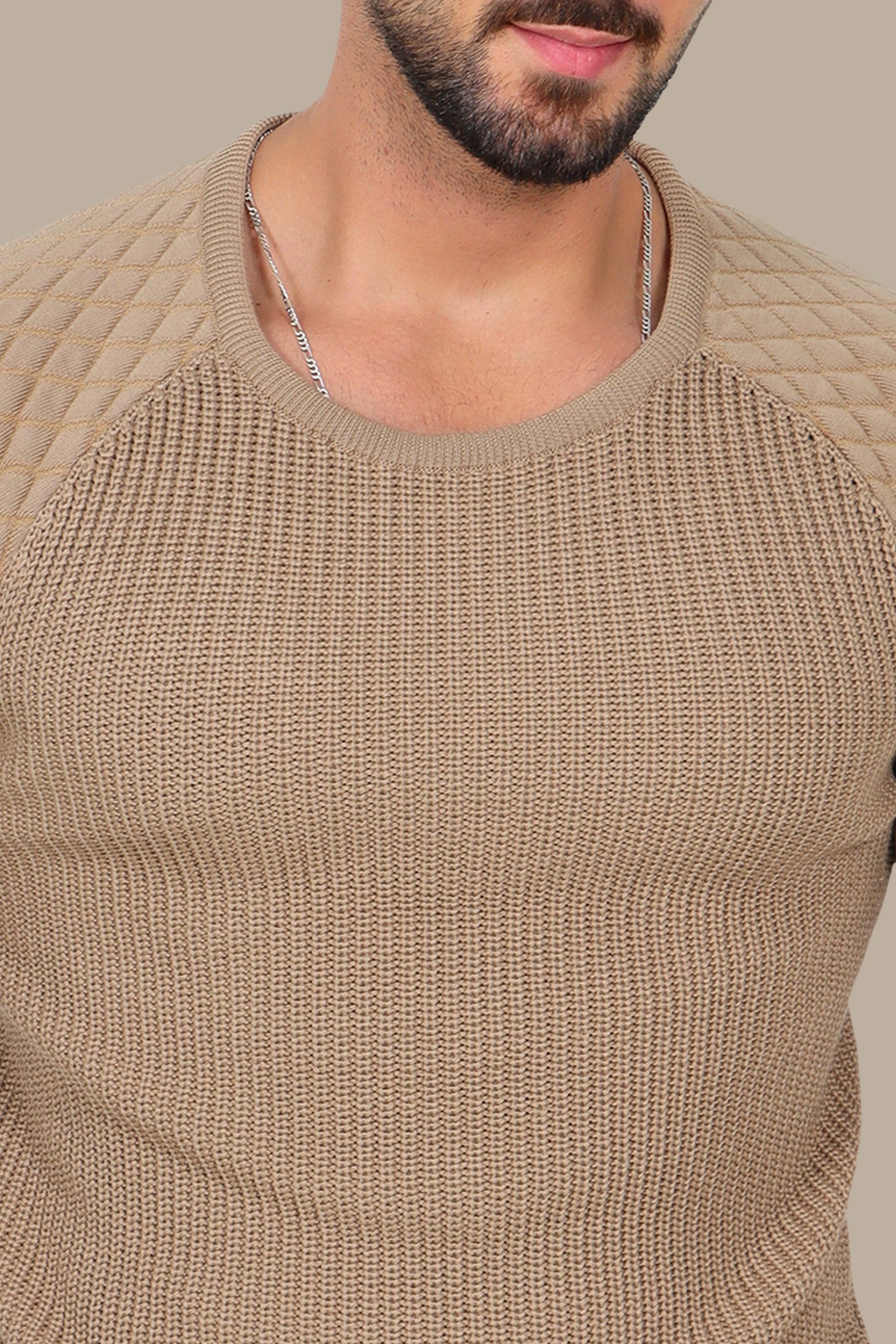 Beige Mercerized Sweater with Lozenge Shoulder Pattern