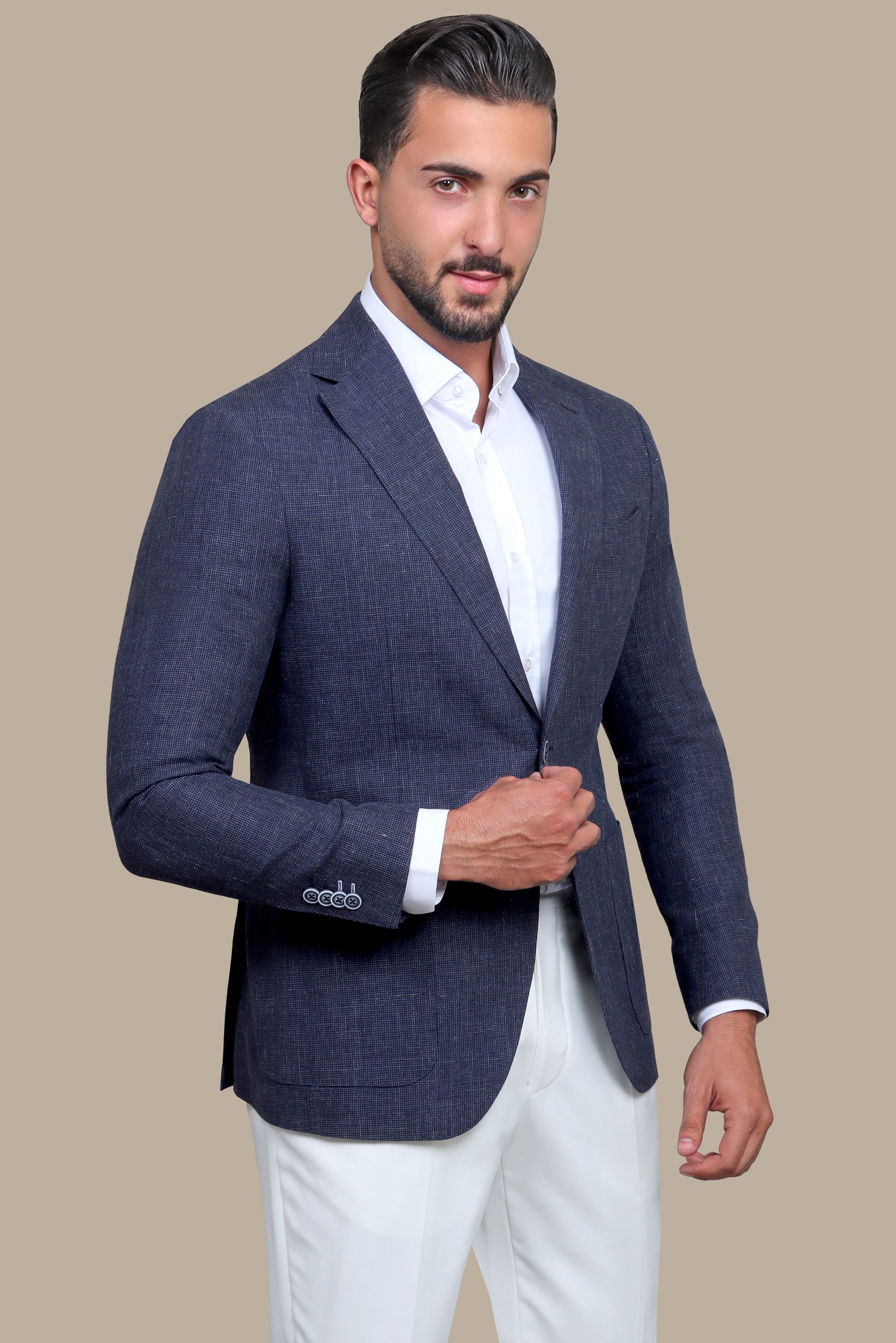 Navy Small Checks Suit with White Pants