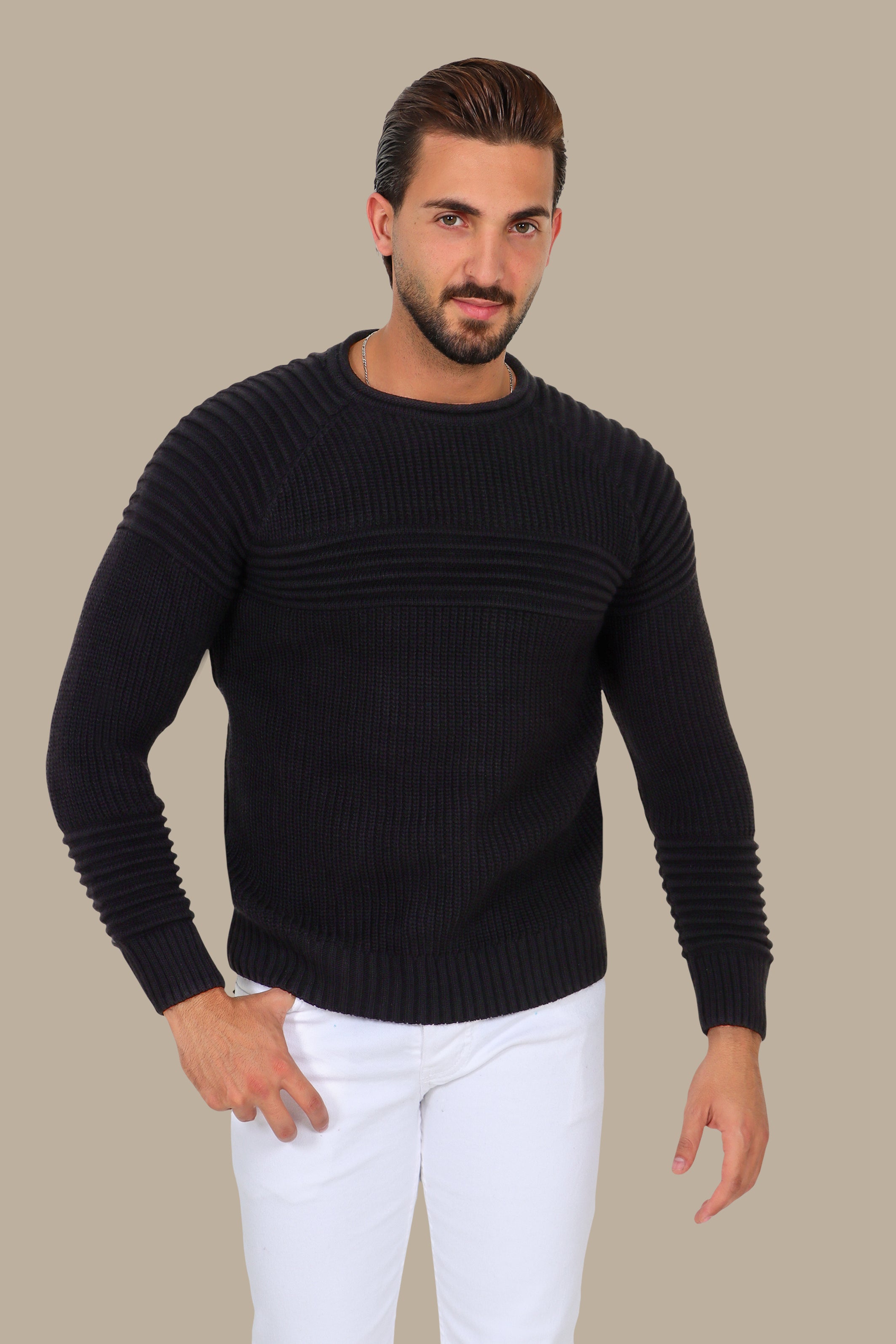 Mercerized Sweater with Medium Ribbed Lines Black