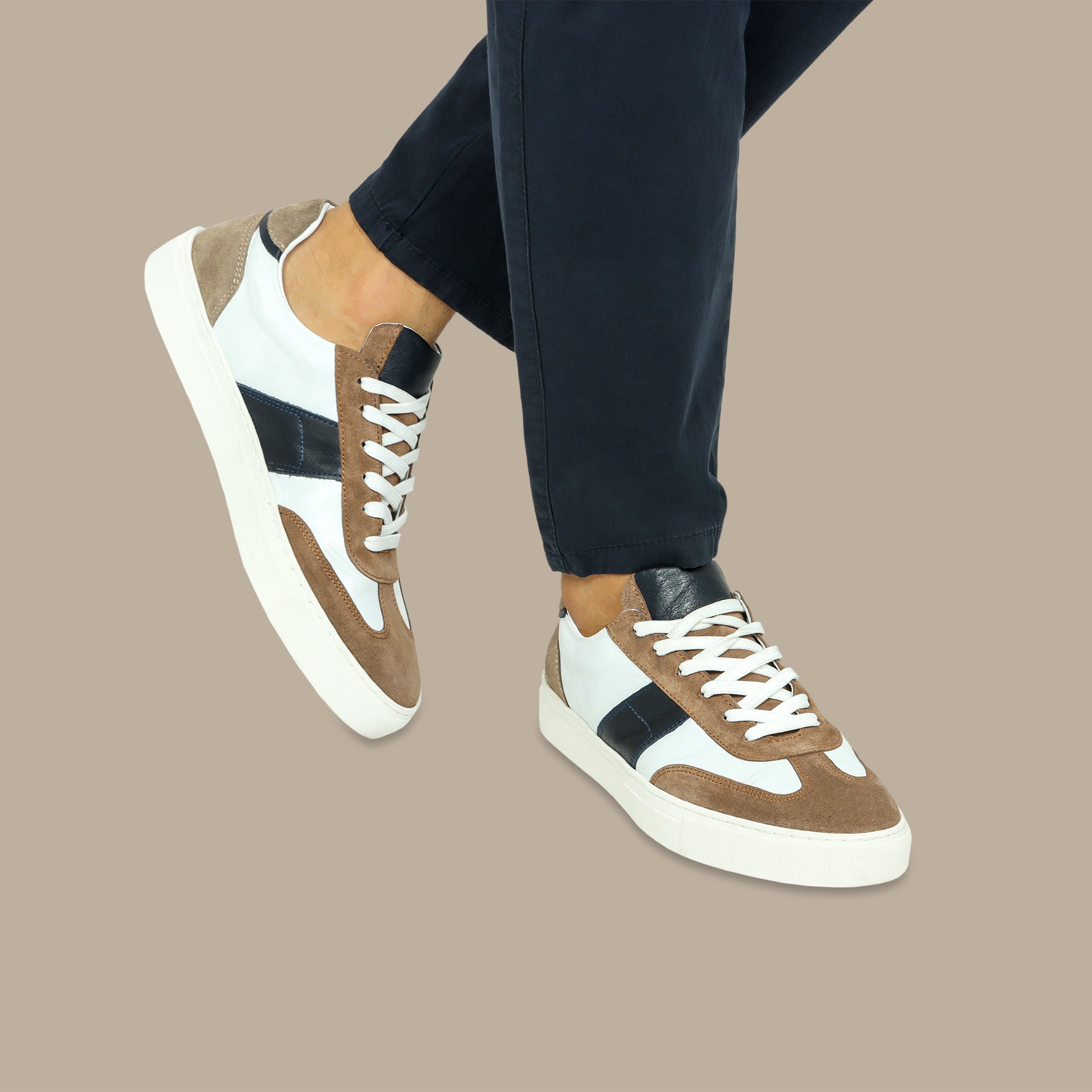 White Retro-Style Trainers with Beige and Navy Patch