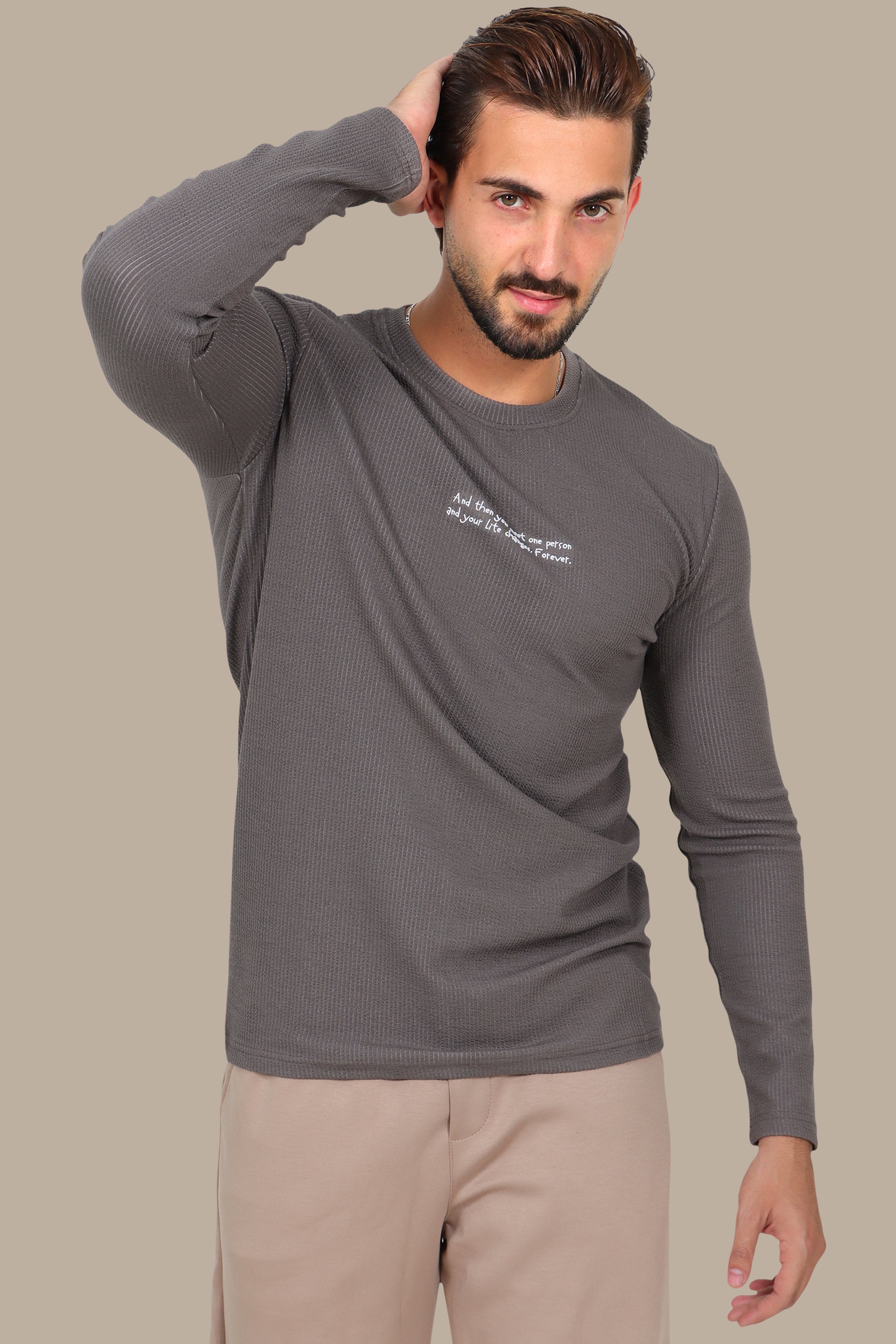 Ribbed Long-Sleeve Top Mocha with Quote Print