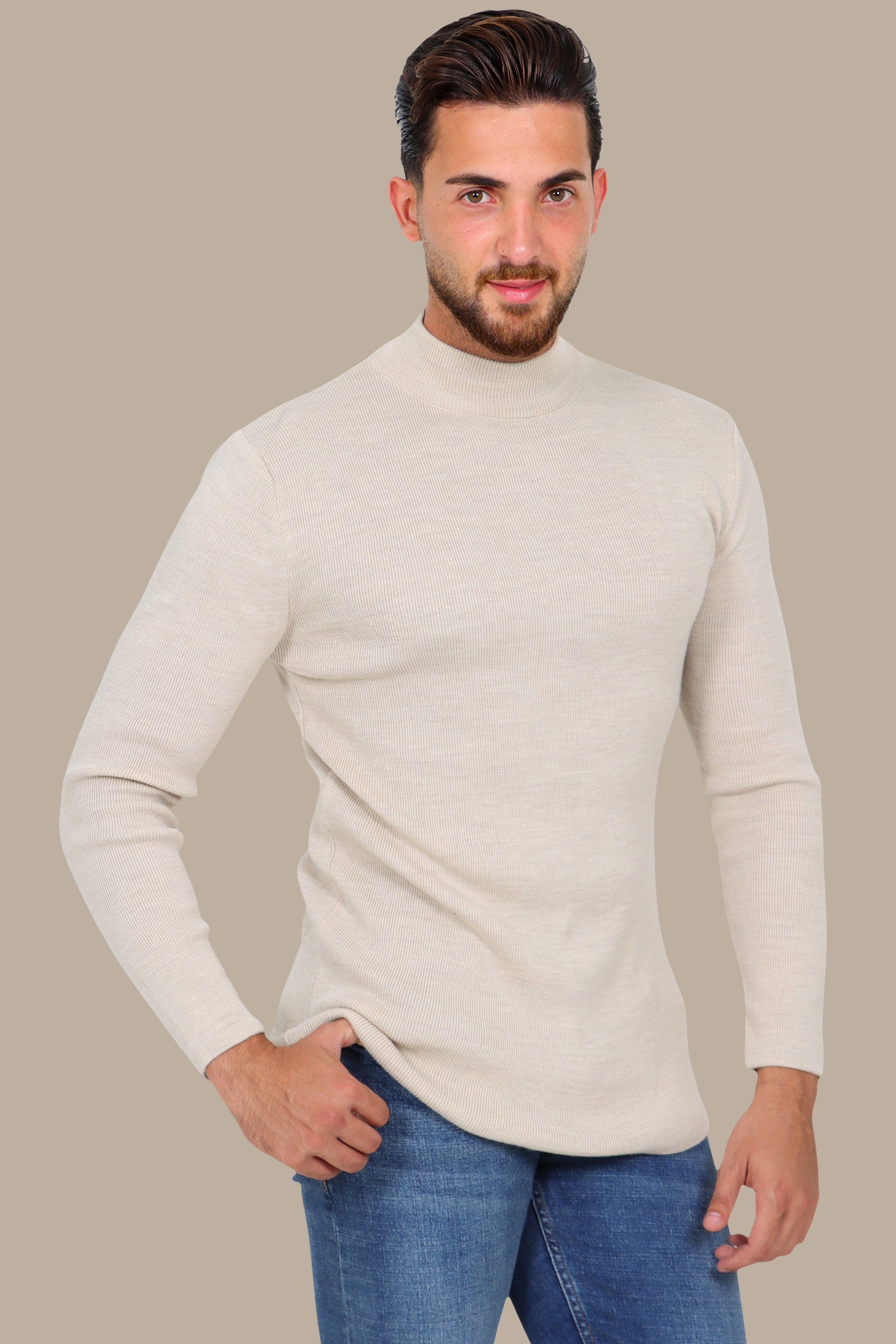 Refined High Neck Sweater in Luxe Beige