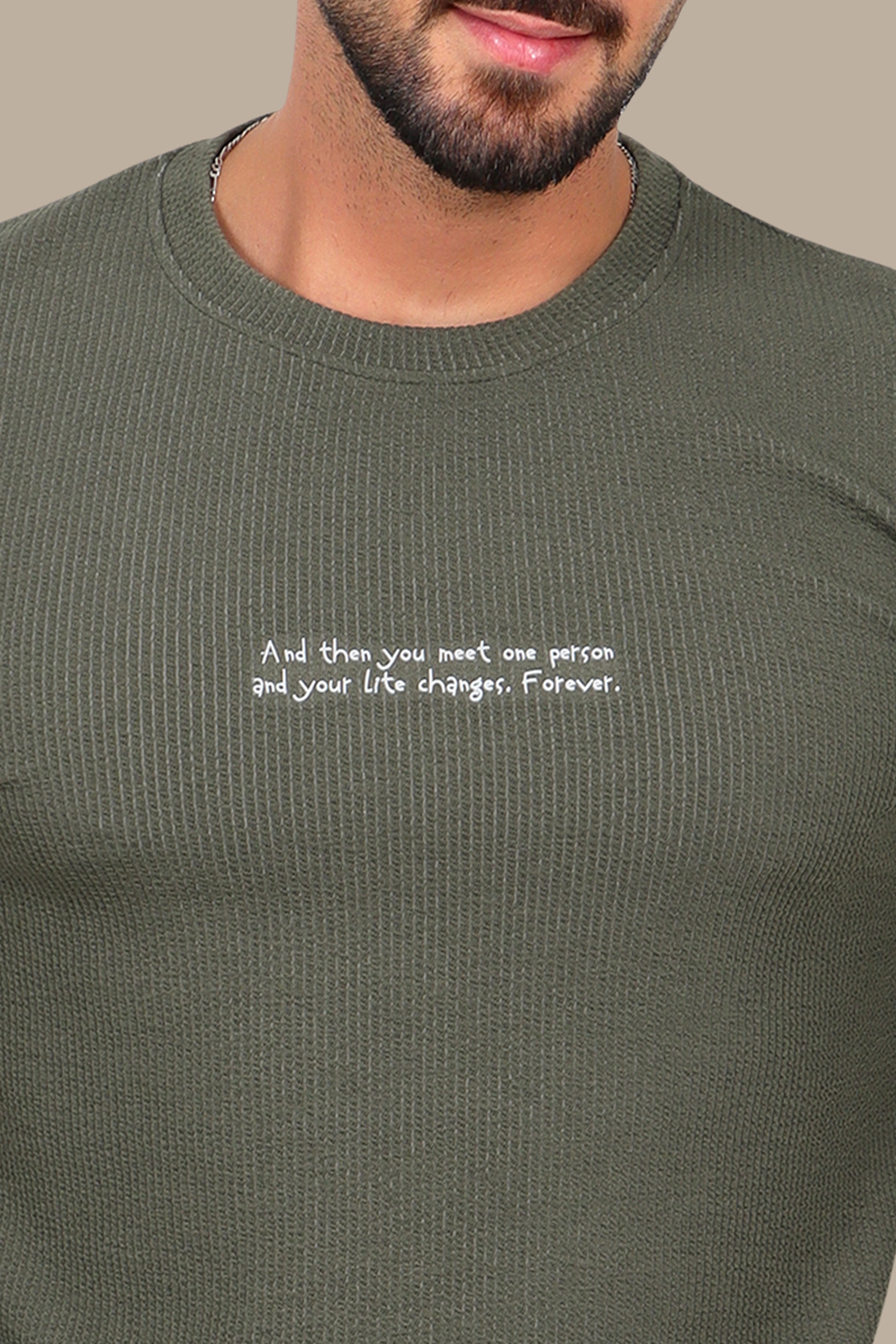 Ribbed Long-Sleeve Top Olive with Quote Print