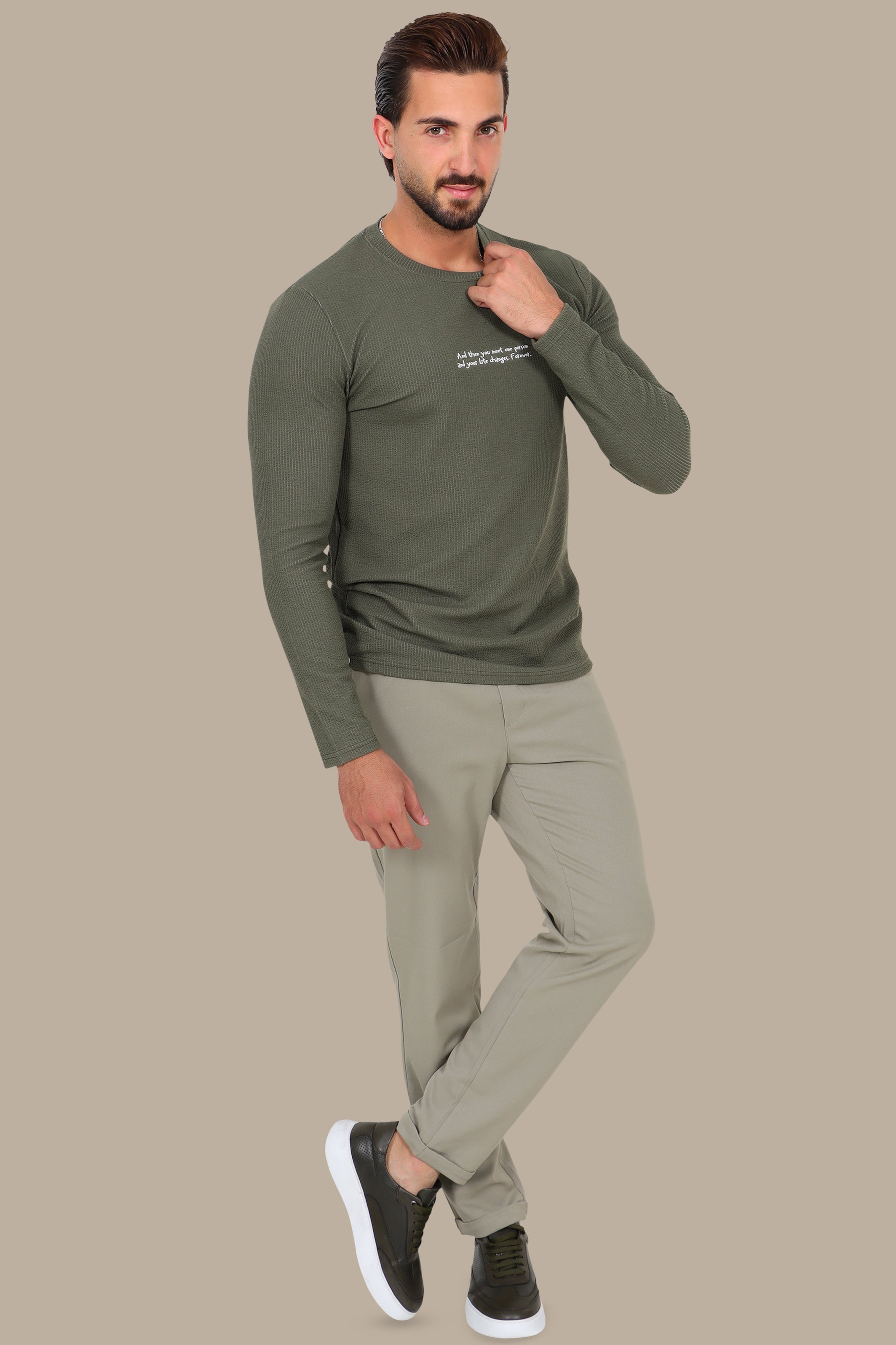 Ribbed Long-Sleeve Top Olive with Quote Print