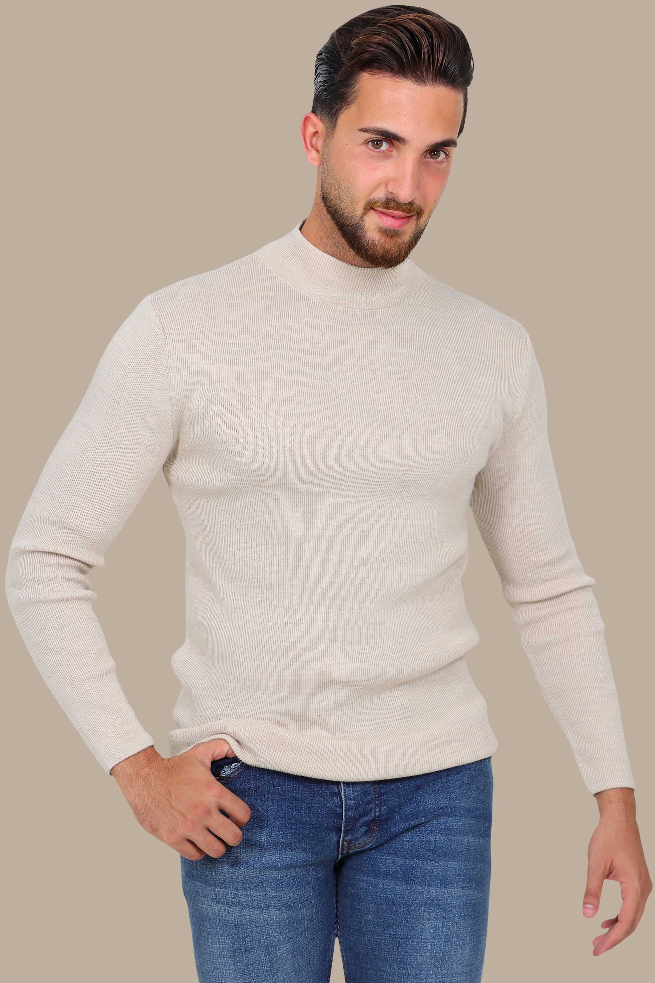 Refined High Neck Sweater in Luxe Beige