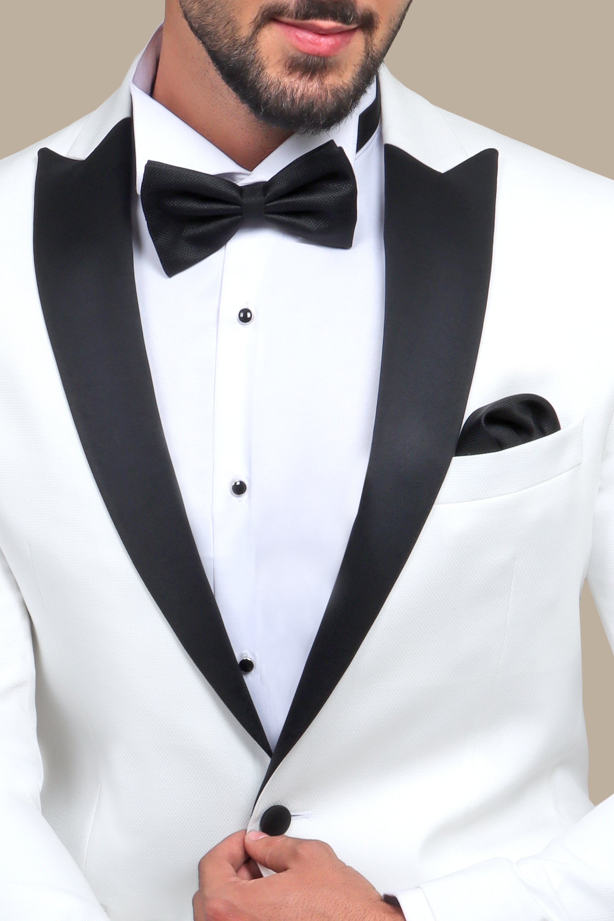 Black Peak Pique Tuxedo with White Jacket and Pants