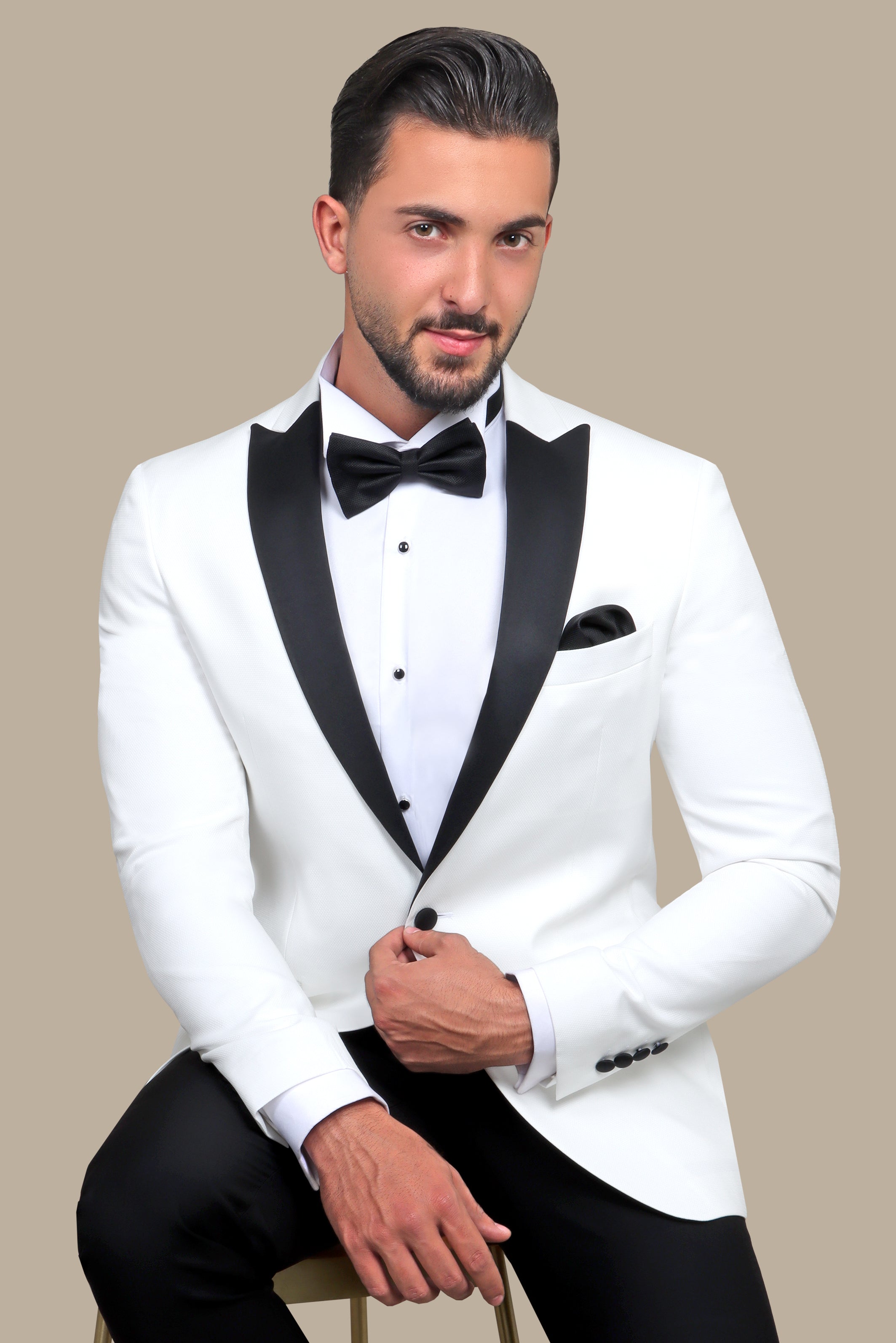 Black Peak Pique Tuxedo with White Jacket and Pants