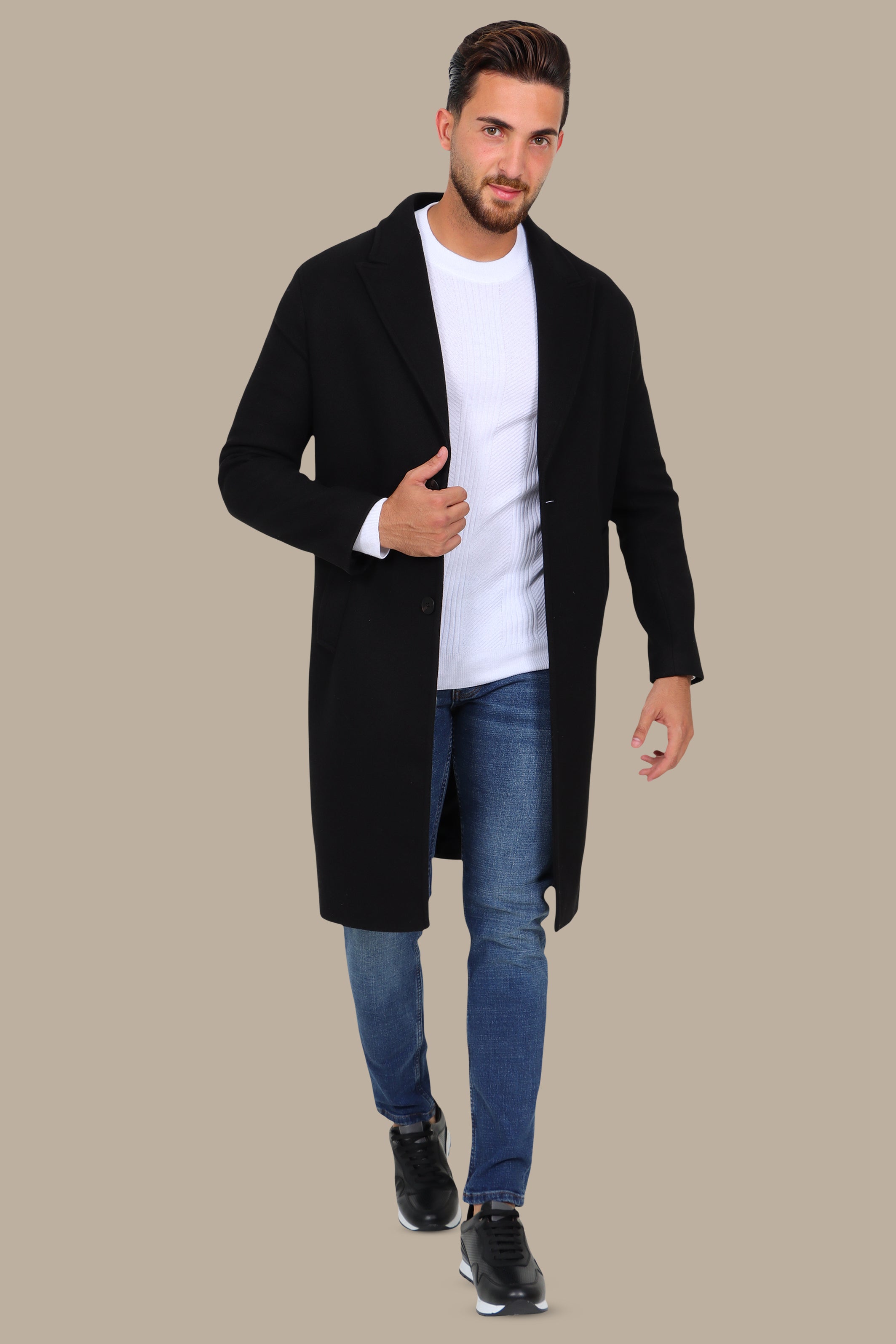 Oversized Black Coat with Peak Lapels