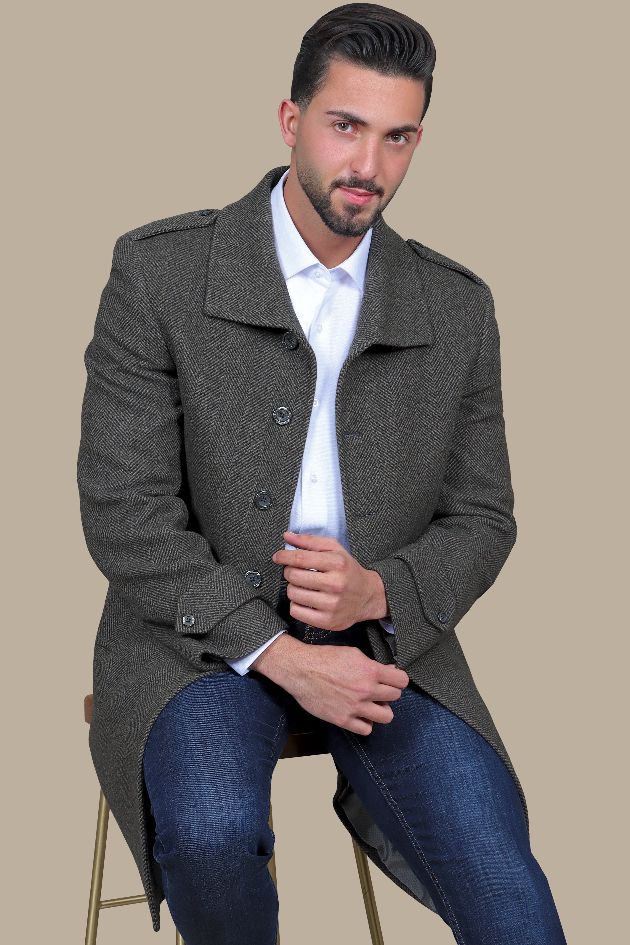 Commanding Style: Military Herringbone Light Green Coat with Shirt Collar