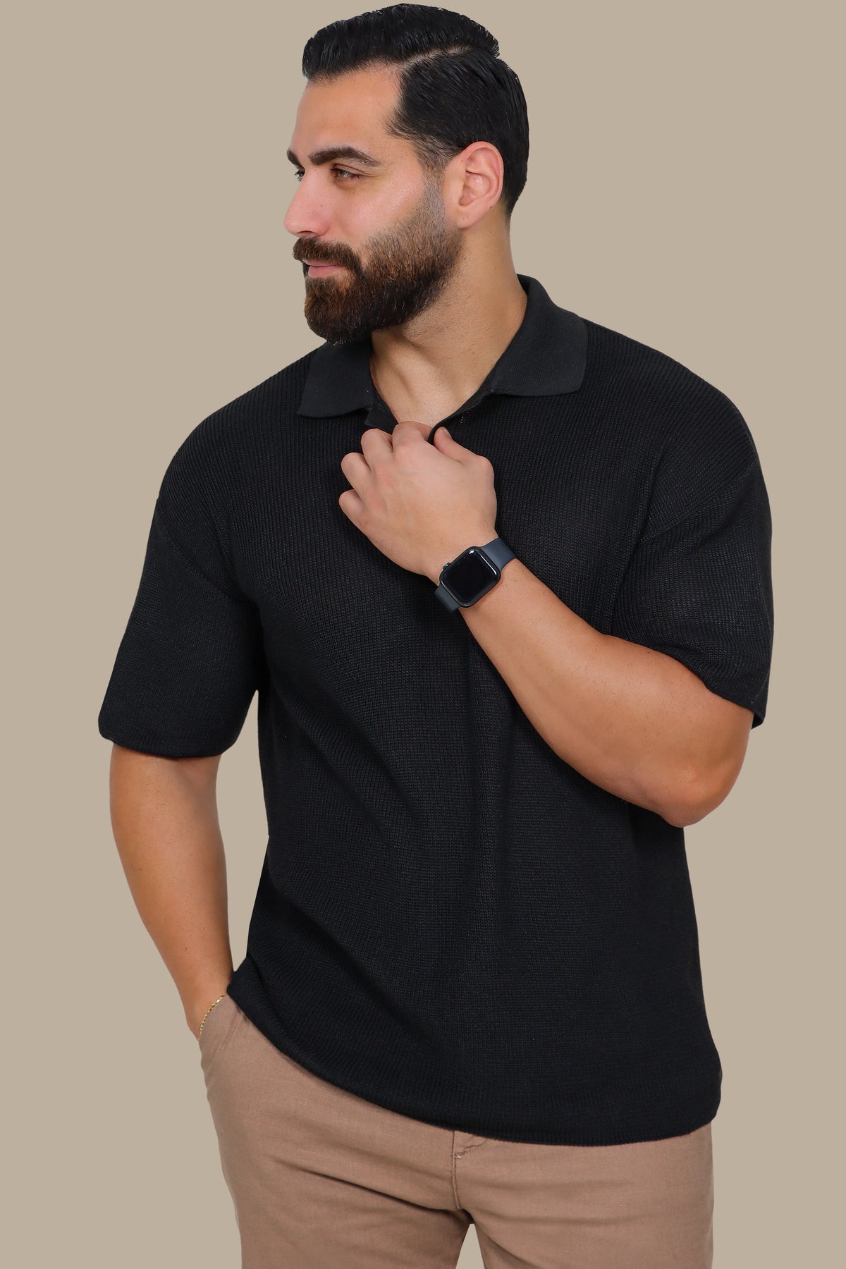 Black Mercerized V-Neck Polo Shirt