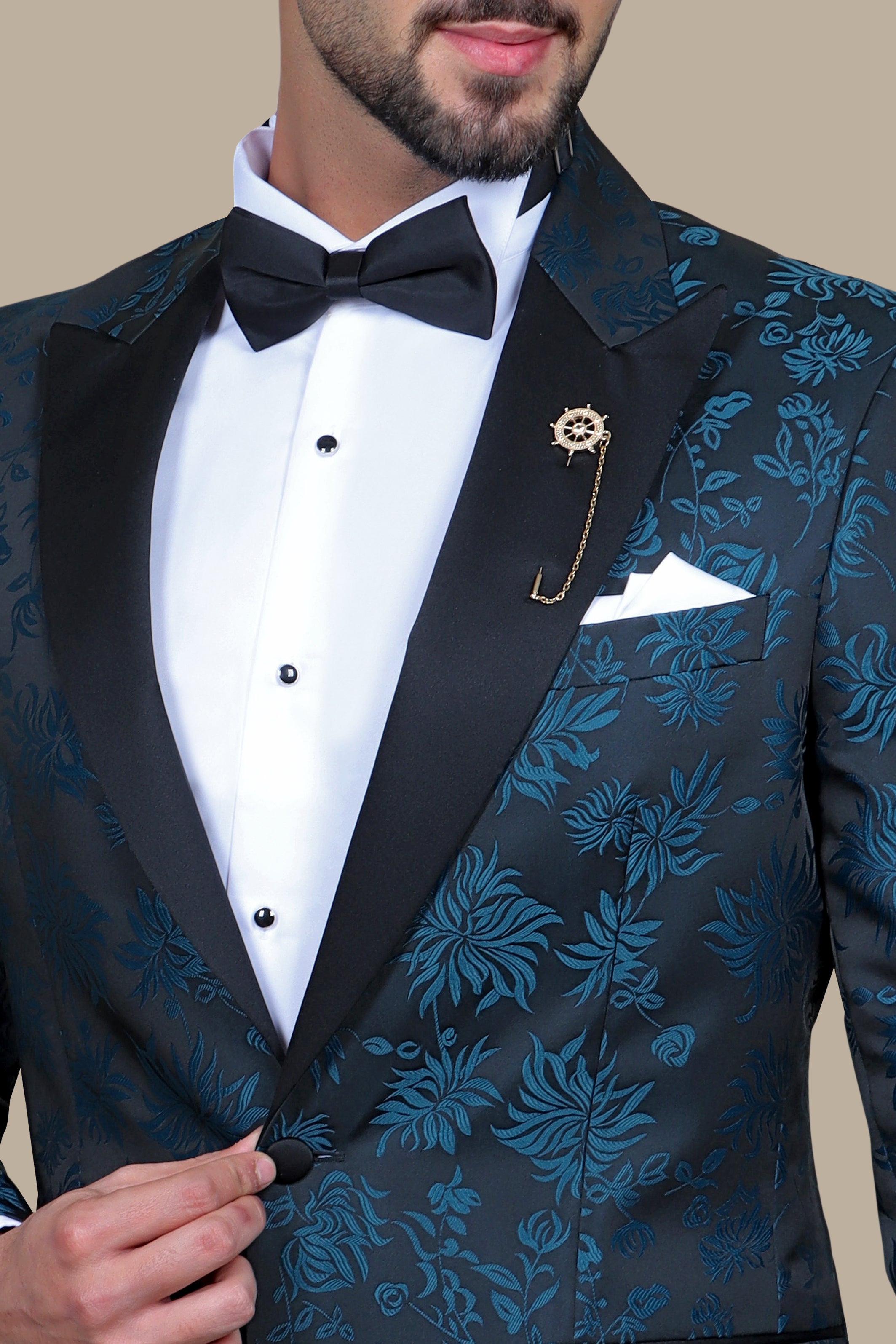 Classic Elegance: Petrol Black Jacquard Tuxedo"