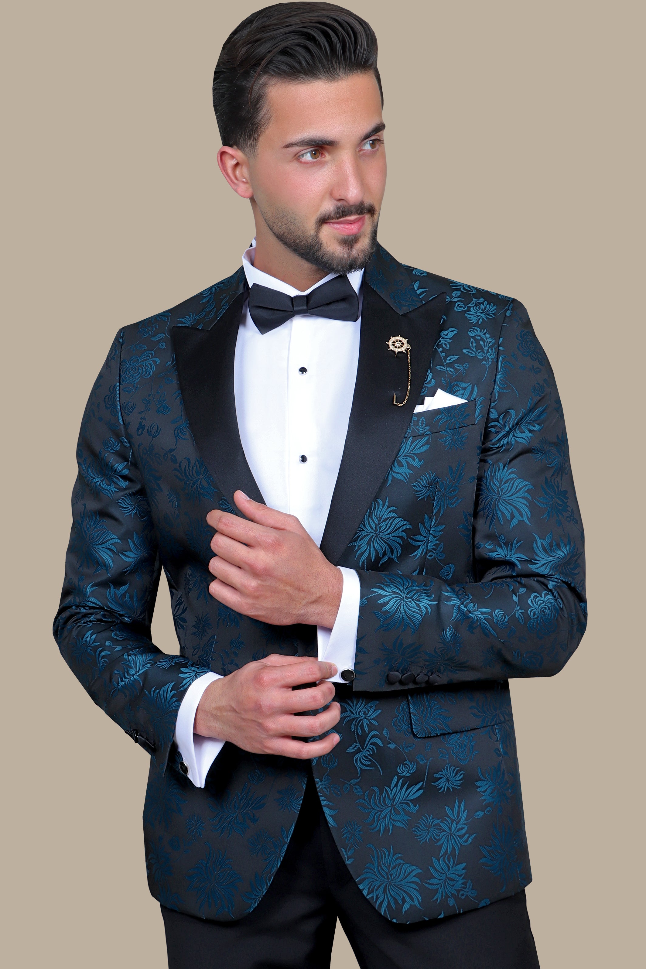 Classic Elegance: Petrol Black Jacquard Tuxedo"