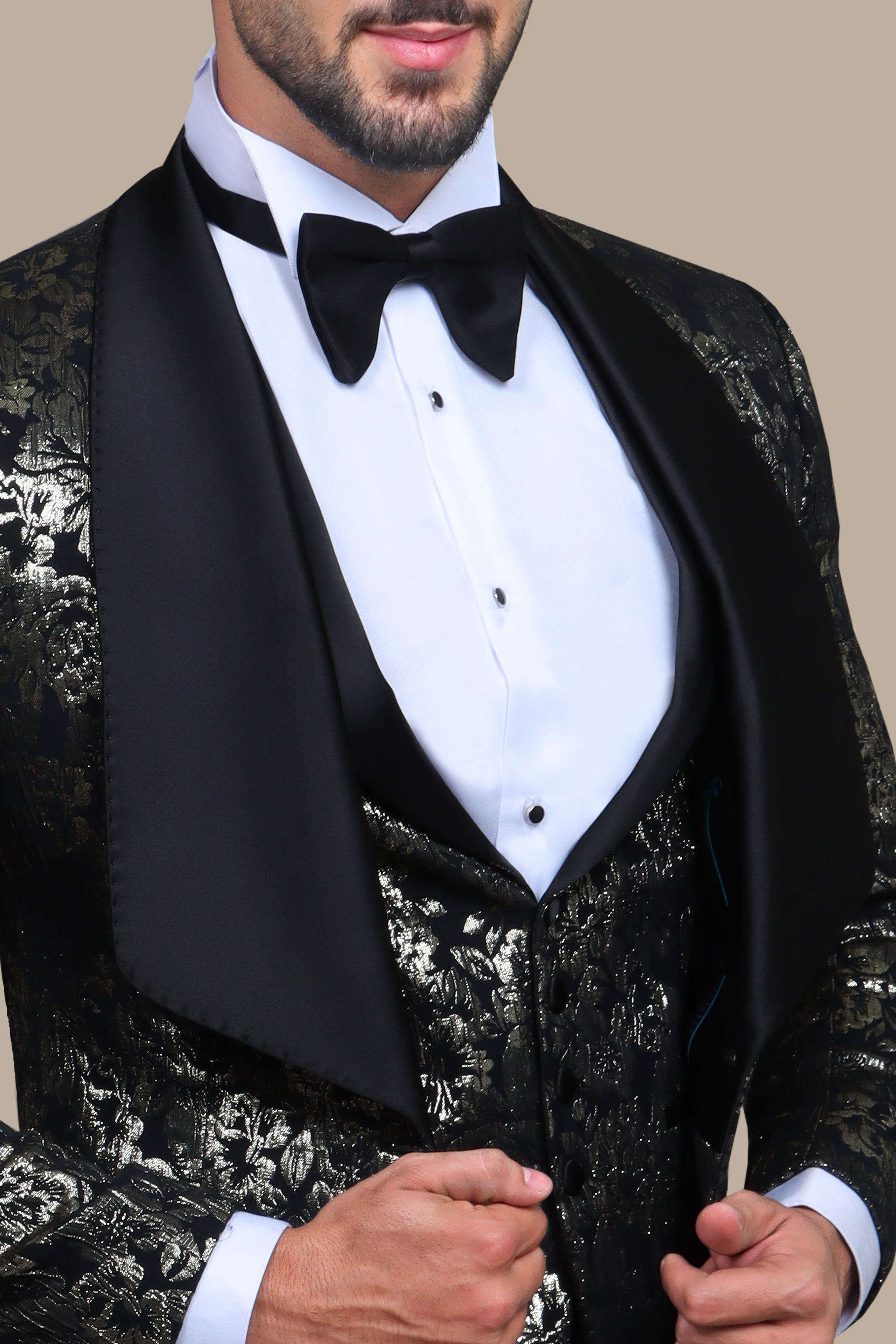 4 Pieces Gold Jacquard Tuxedo with Wide Col Chale