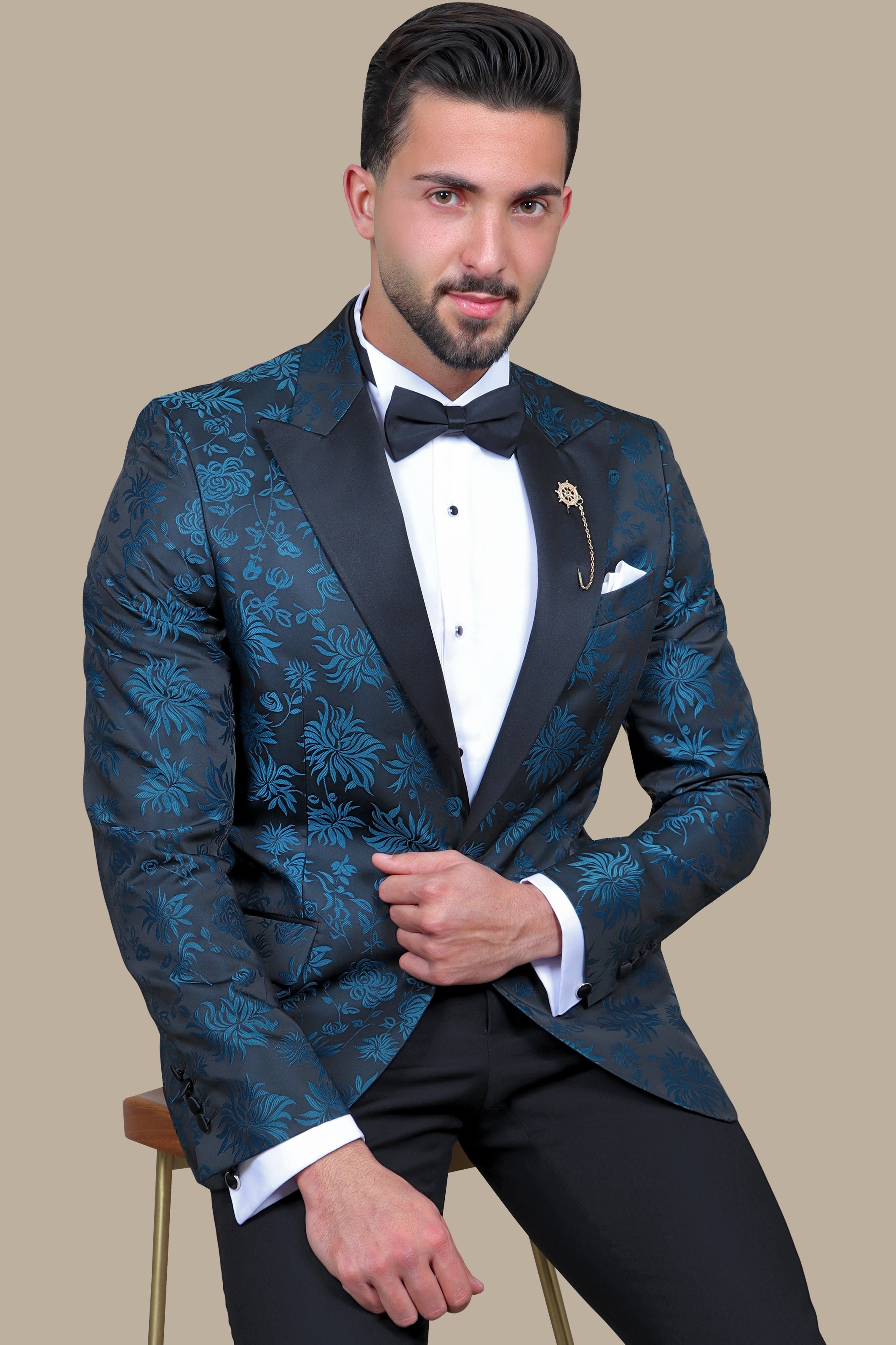 Classic Elegance: Petrol Black Jacquard Tuxedo"