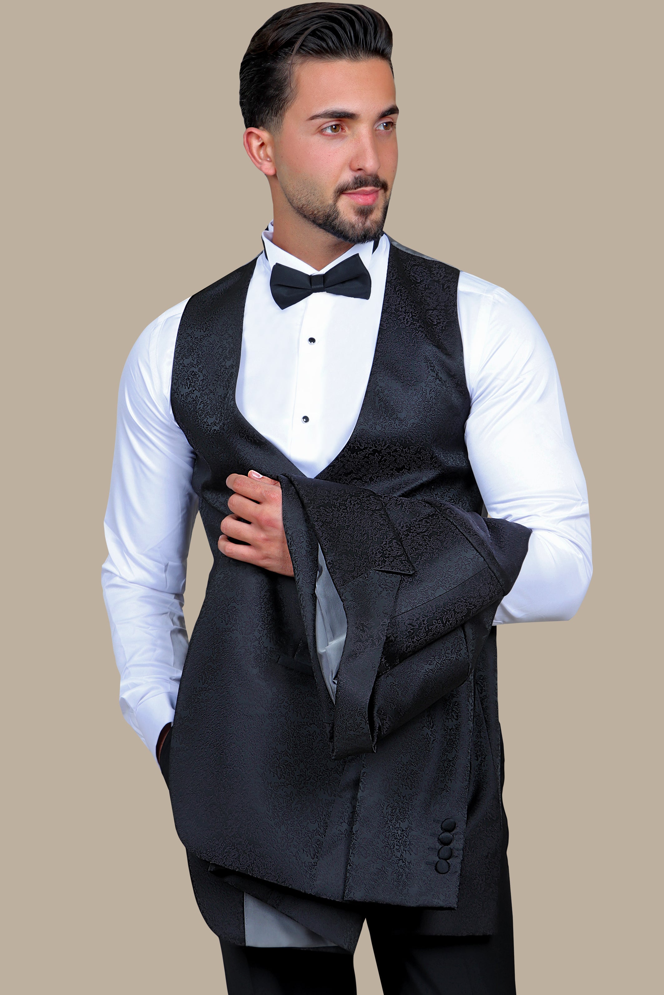 Floral Noir: FV Special Collection Tuxedo Suit in Black