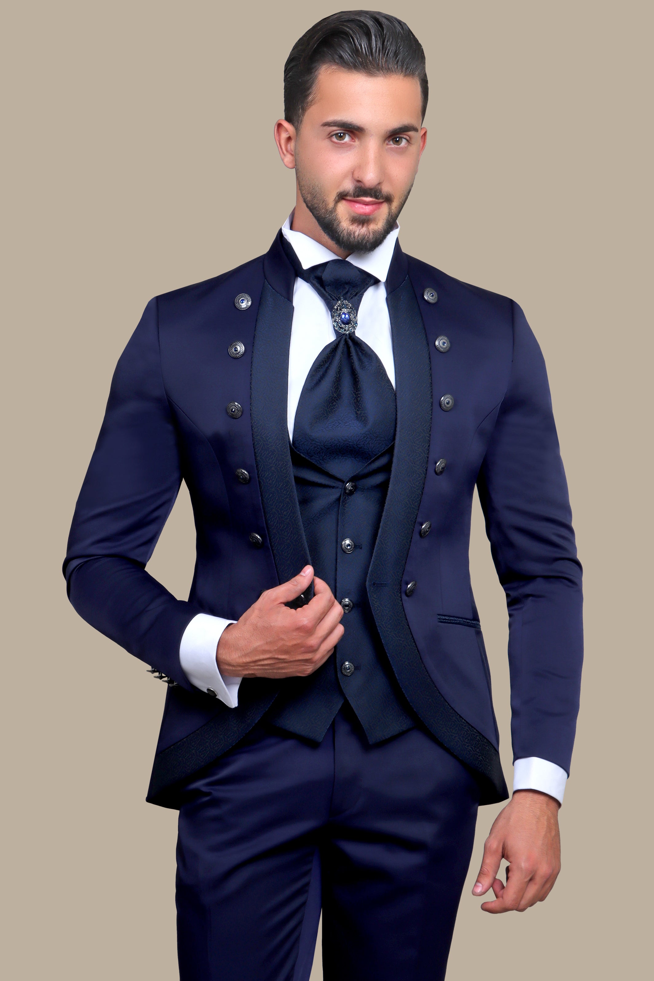 Navy 4-Piece Mao Collar Tuxedo with 12 Buttons