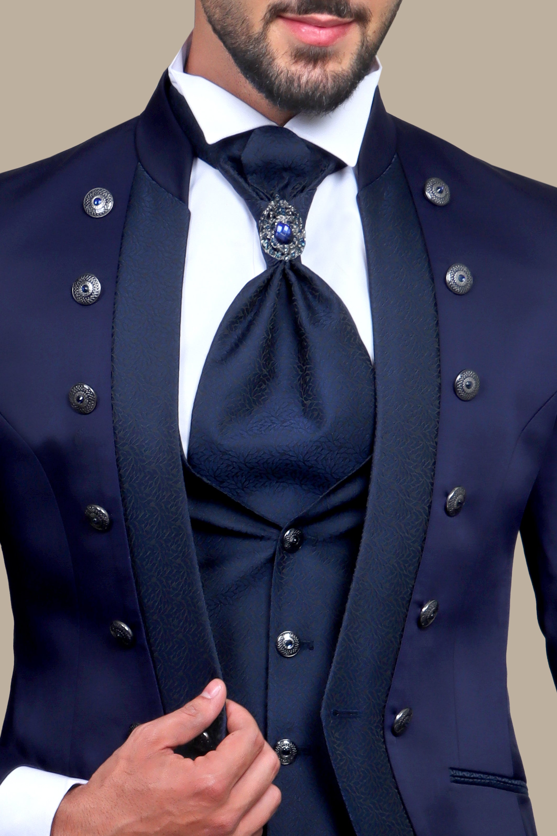 Navy 4-Piece Mao Collar Tuxedo with 12 Buttons