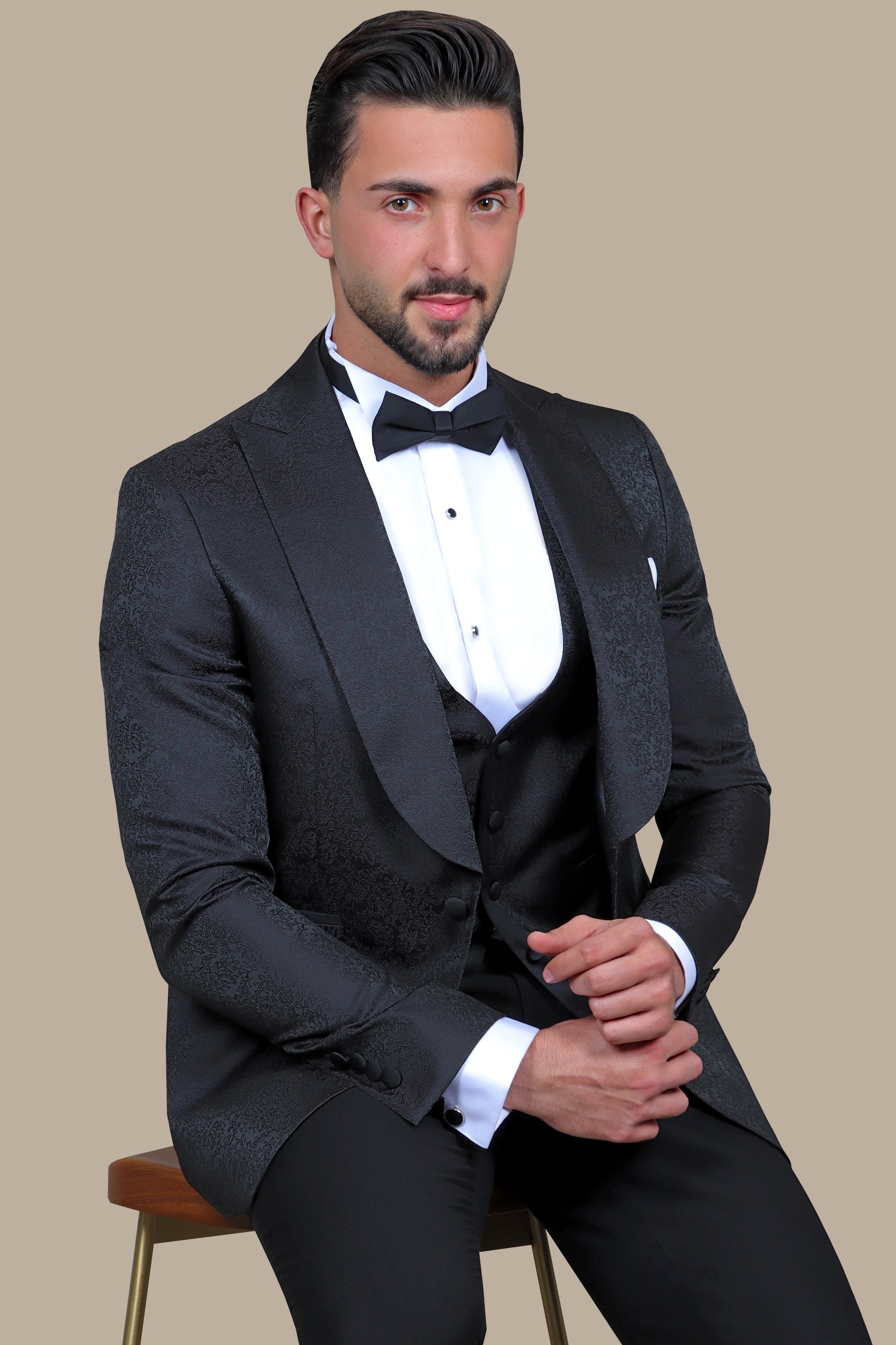 Floral Noir: FV Special Collection Tuxedo Suit in Black