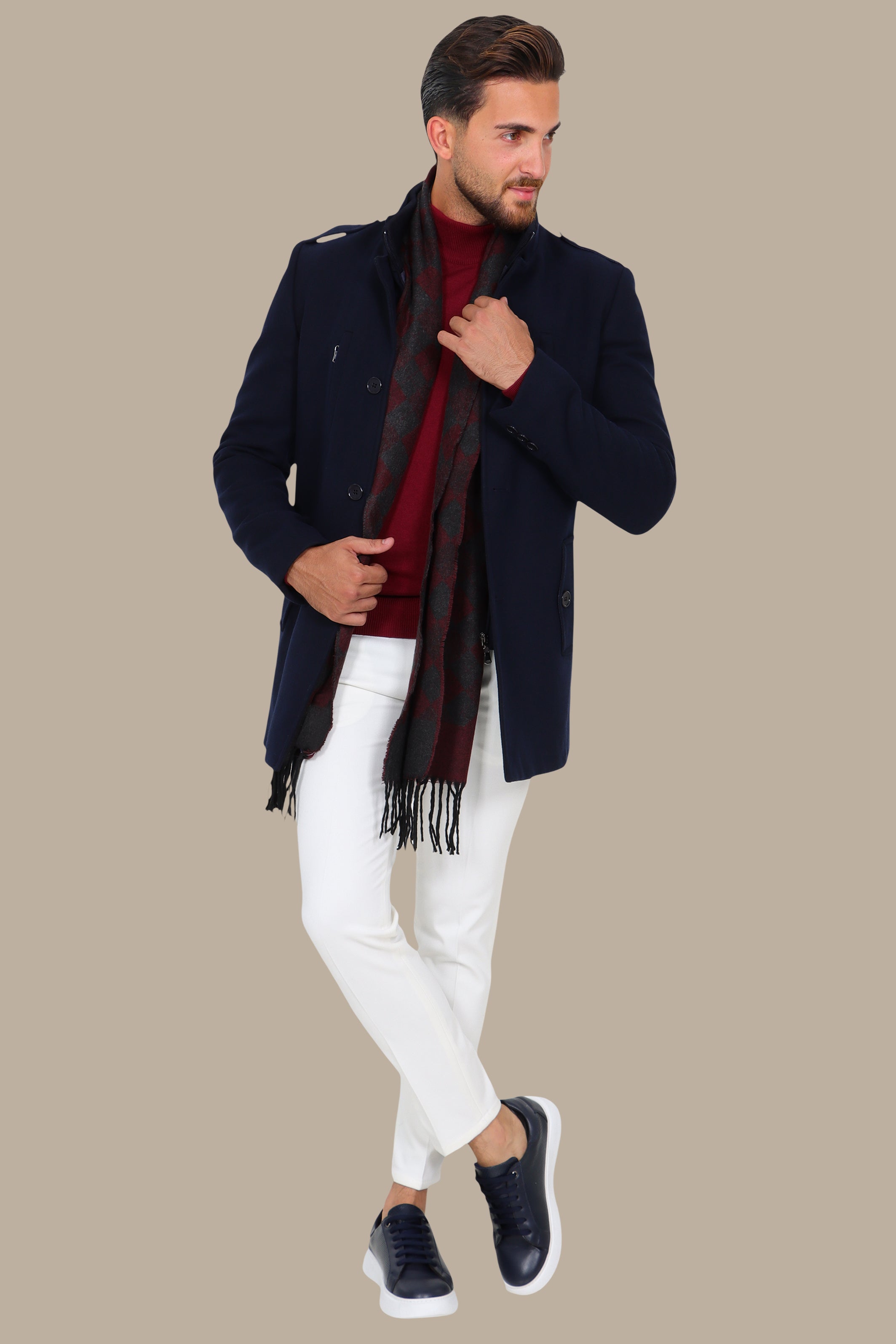 Navy Elegance: Detachable Mao Collar Coat in Timeless Style