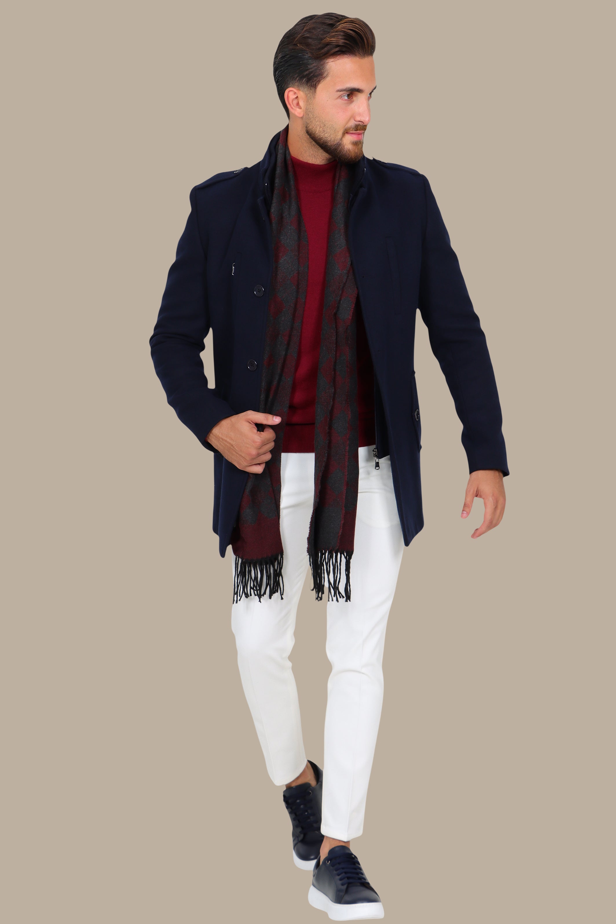 Navy Elegance: Detachable Mao Collar Coat in Timeless Style