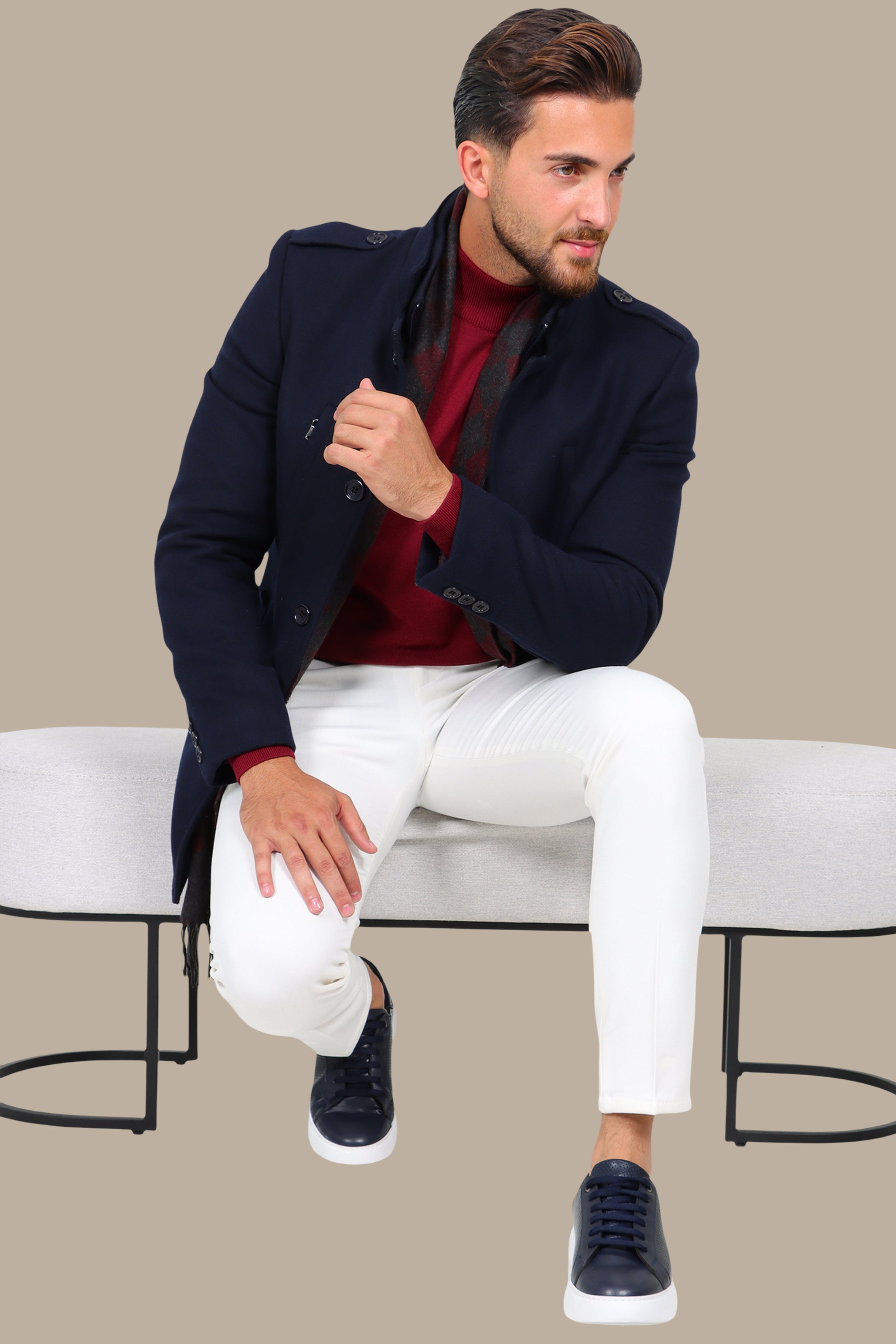 Navy Elegance: Detachable Mao Collar Coat in Timeless Style