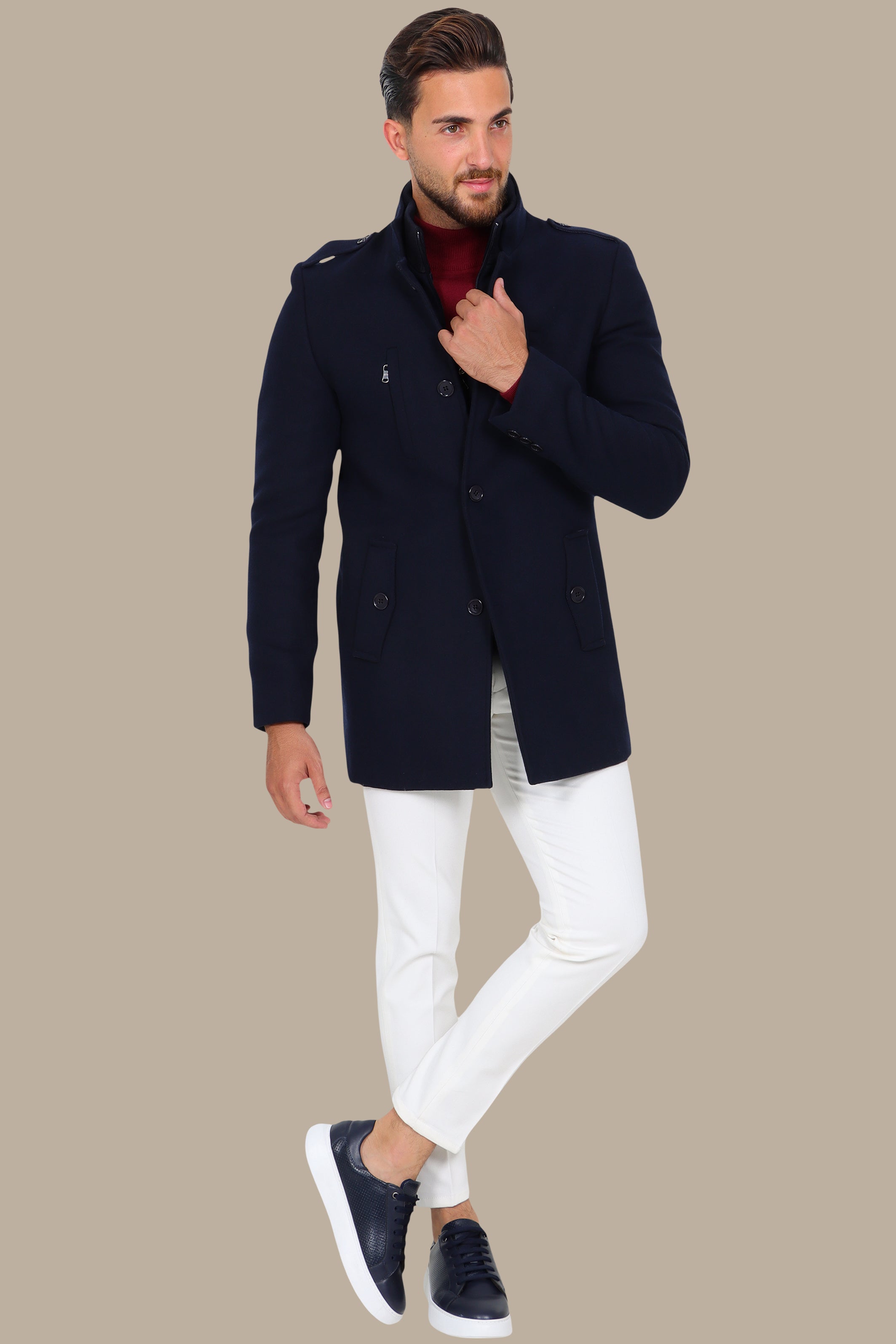 Navy Elegance: Detachable Mao Collar Coat in Timeless Style