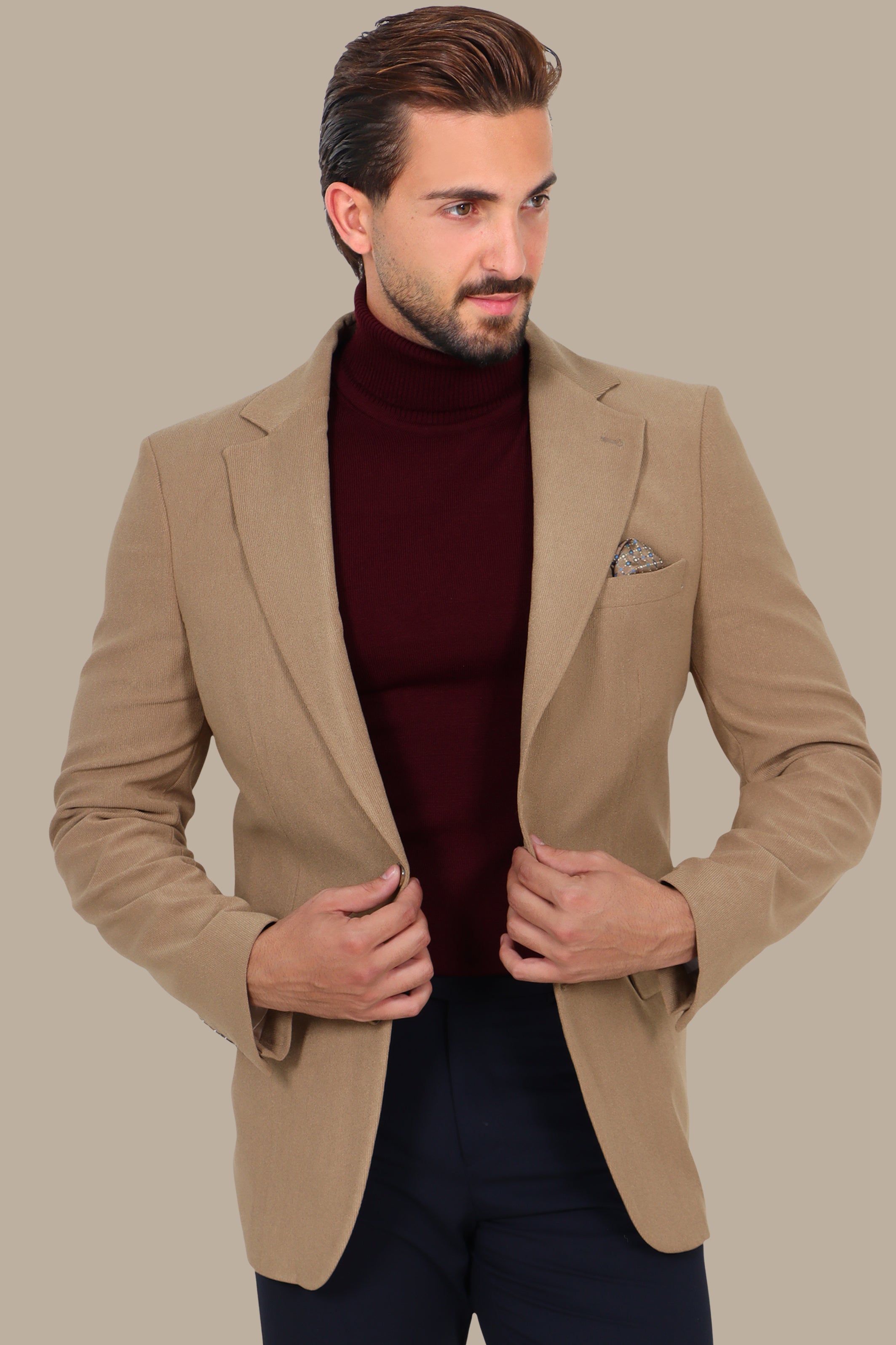 Slim Corduroy Notch Lapel Blazer Beige