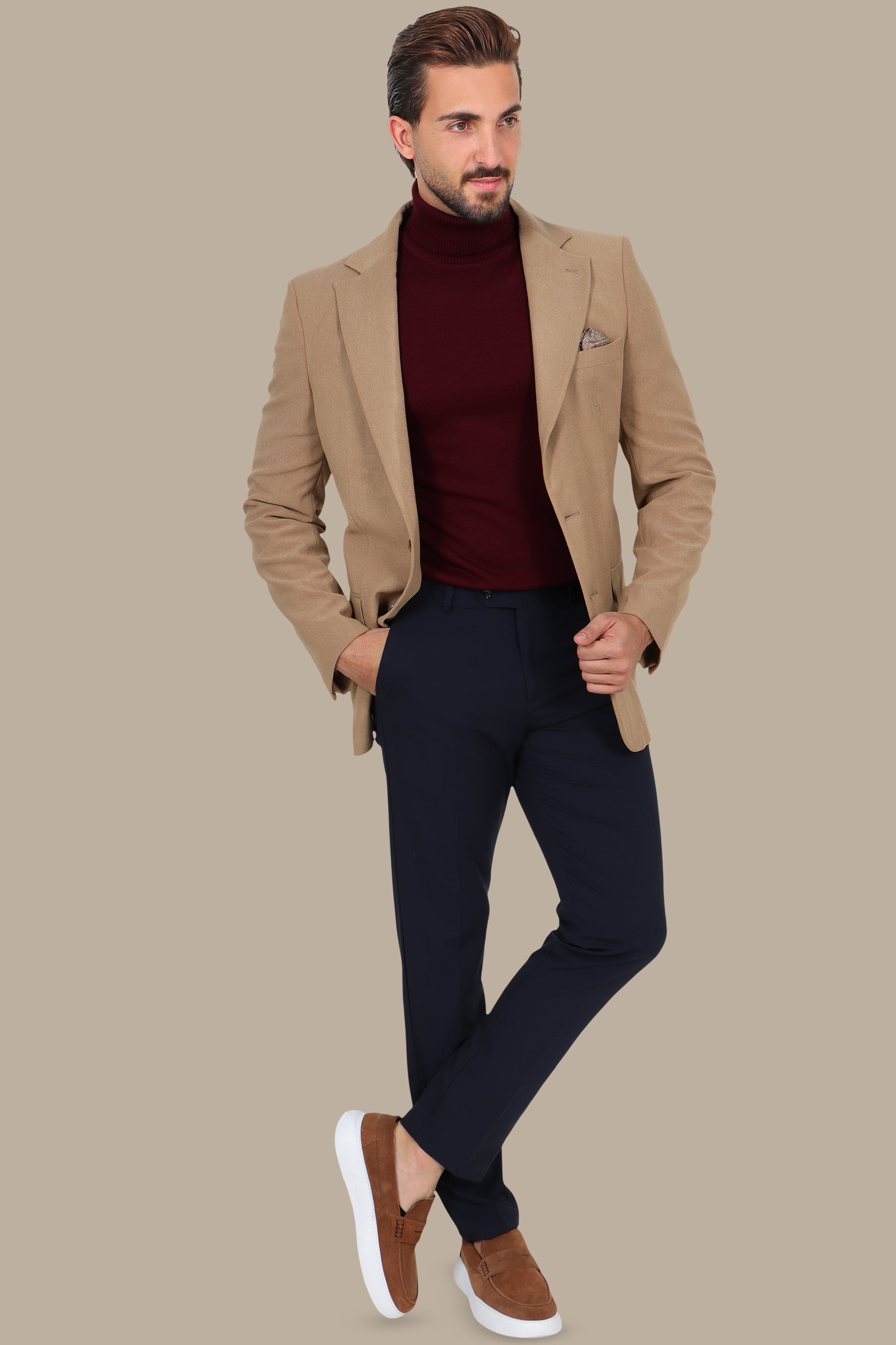 Slim Corduroy Notch Lapel Blazer Beige