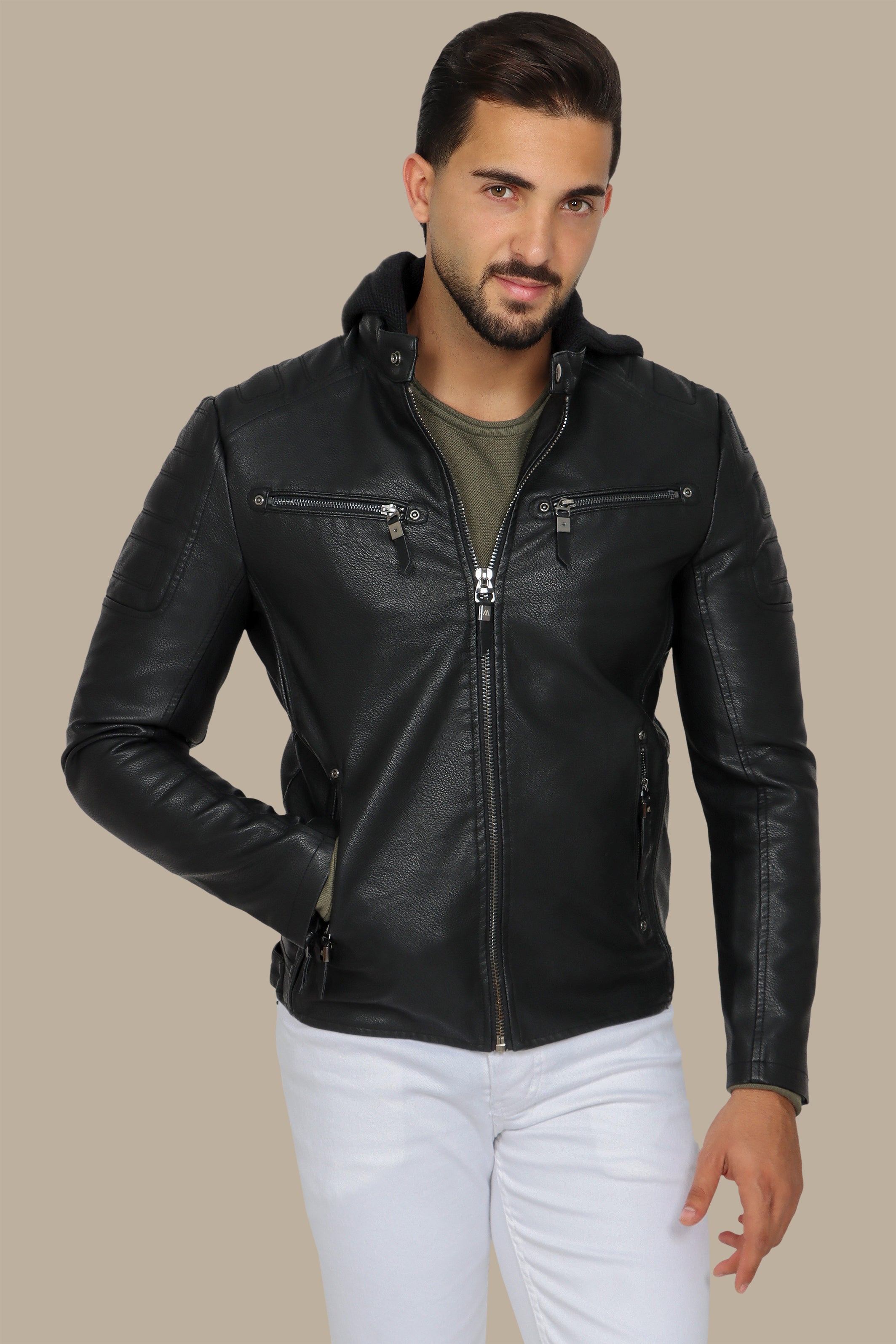 Black Faux Leather Rider Jacket with Detachable Hoodie