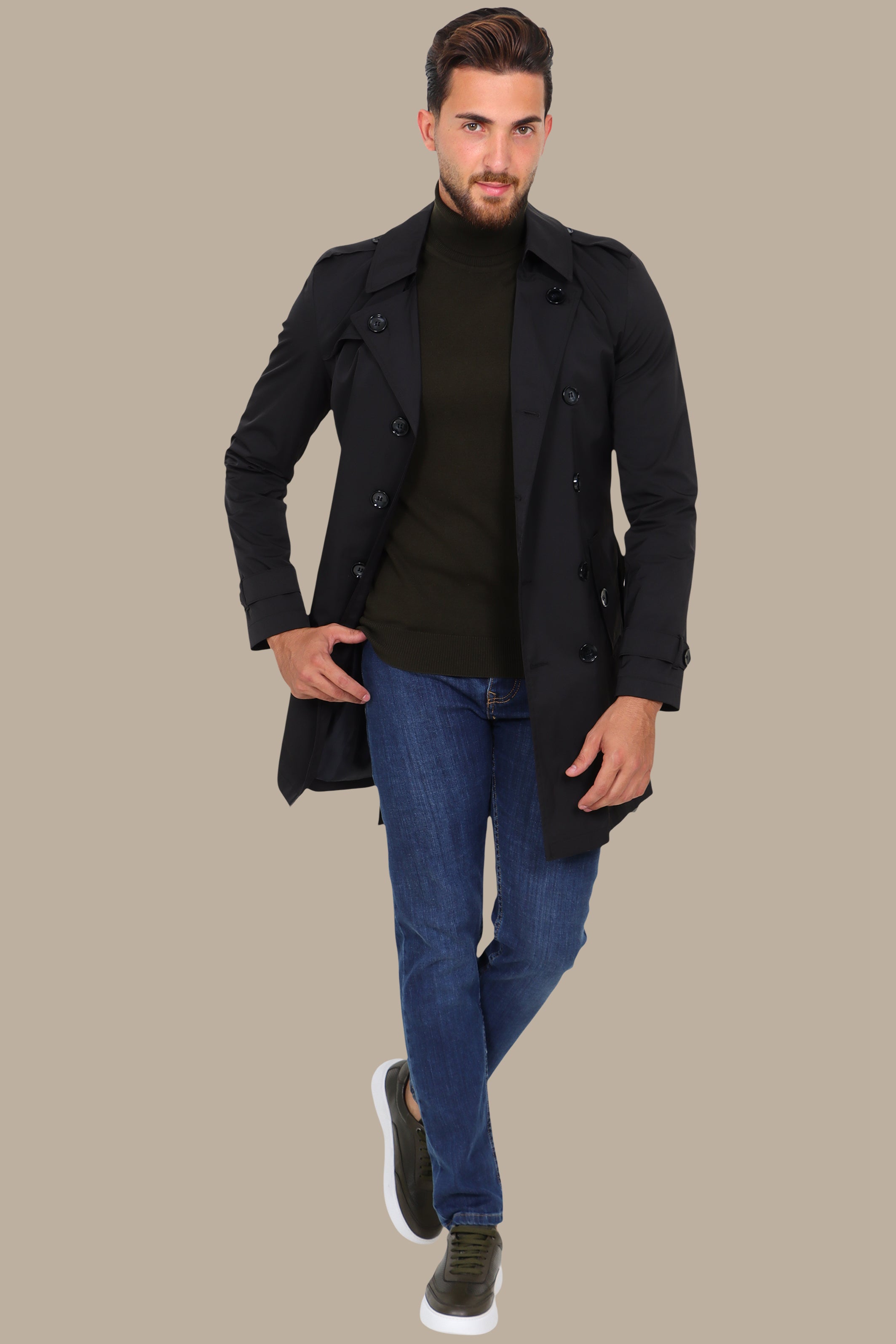 Classic Double-Breasted Black Trench Coat
