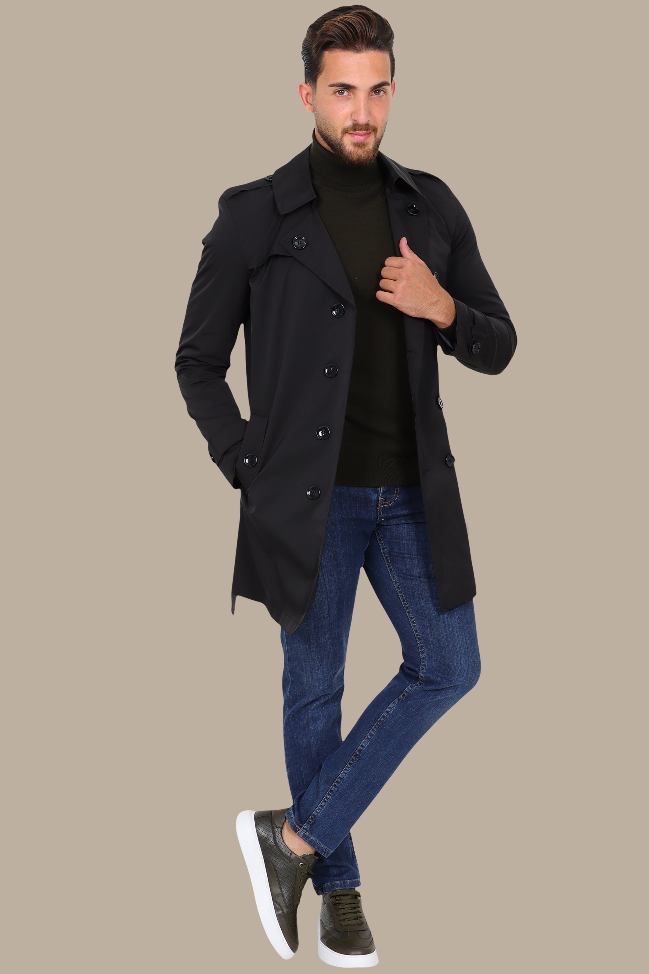 Classic Double-Breasted Black Trench Coat
