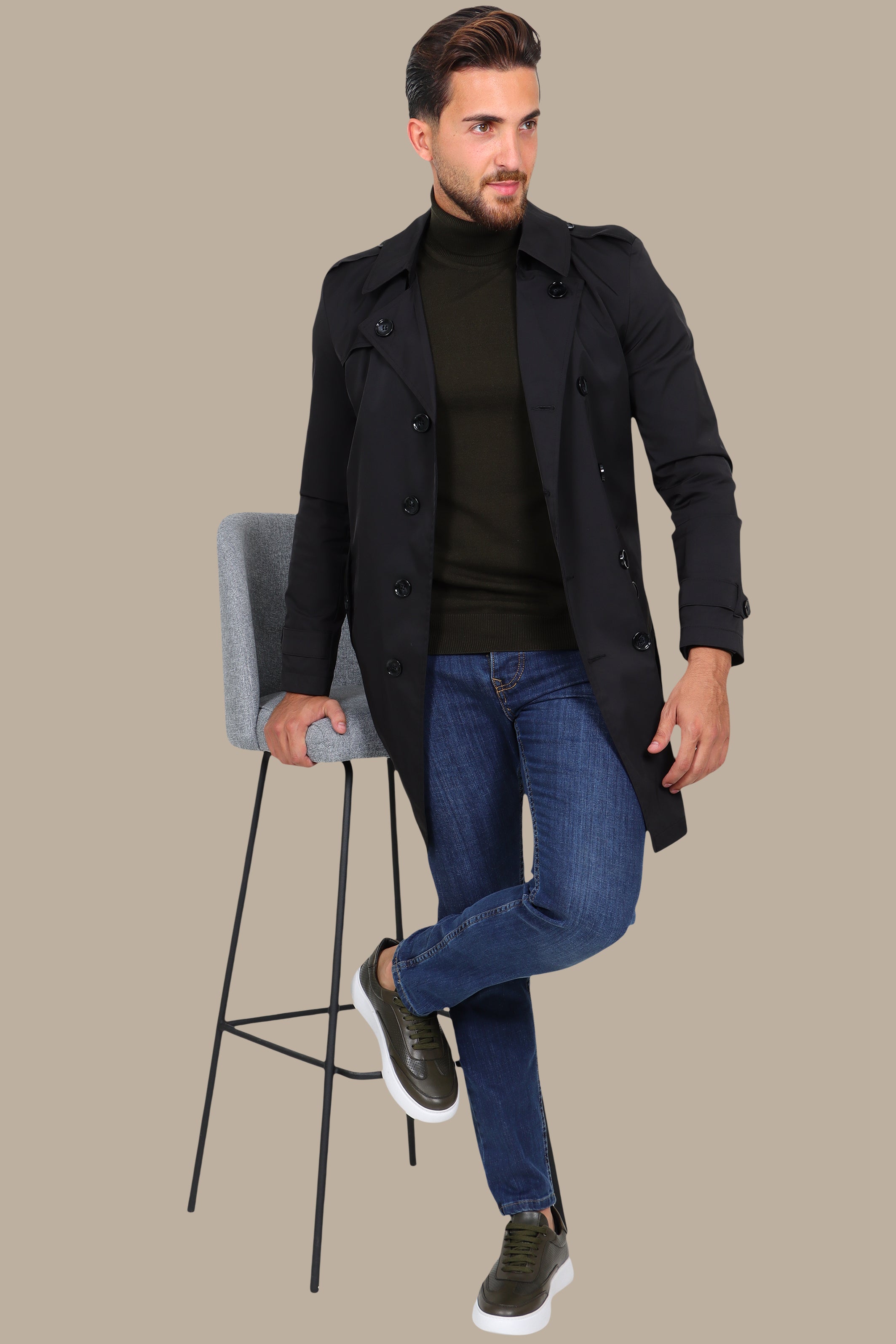 Classic Double-Breasted Black Trench Coat