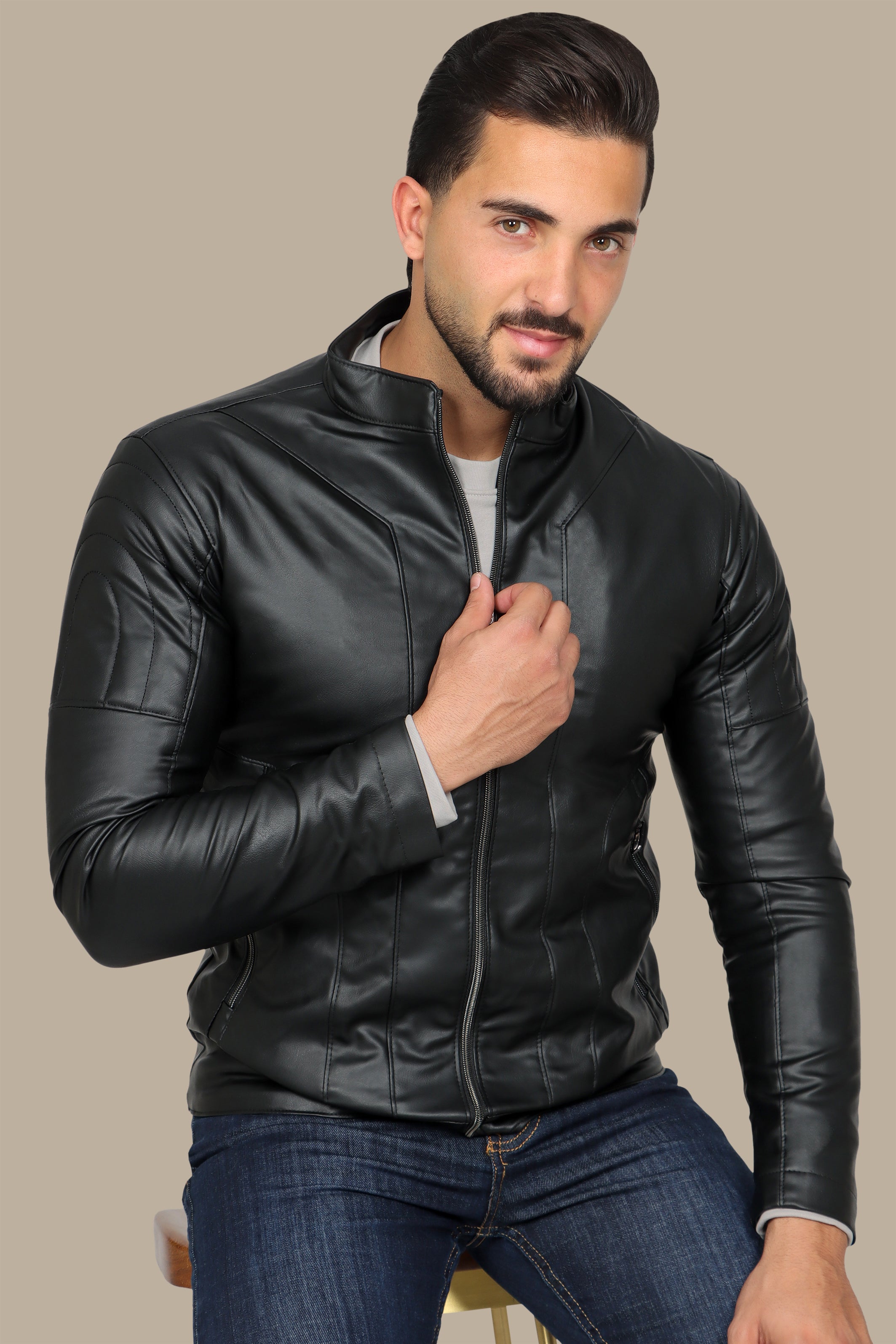 Urban Edge: Black Faux Leather Biker Jacket with Round Stitch Shoulders